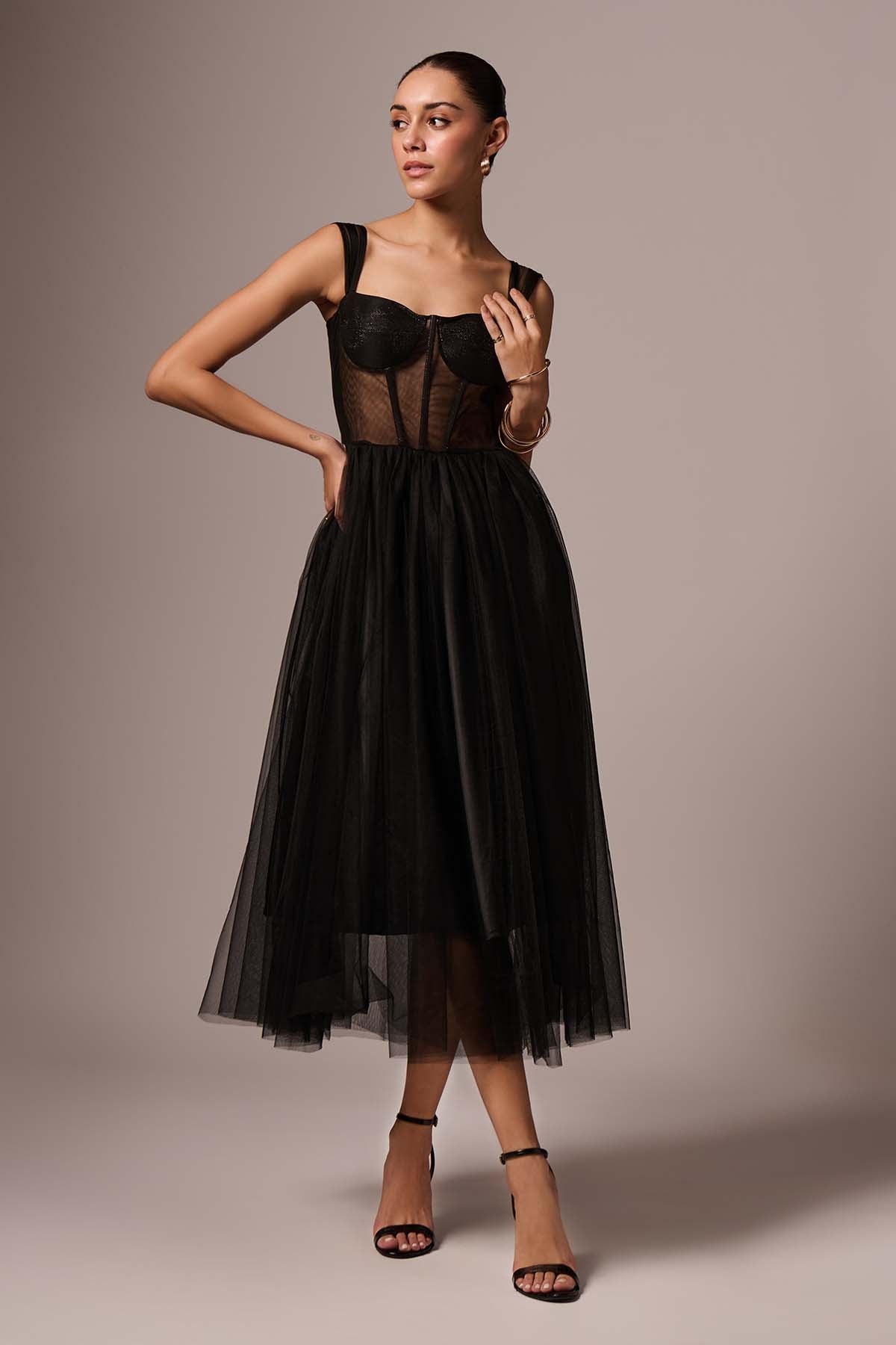 Buy Black Tulle Corset Midi Dress by Emblaze at ScrollnShops Buy Black Tulle Corset Midi Dress by Emblaze at ScrollnShops