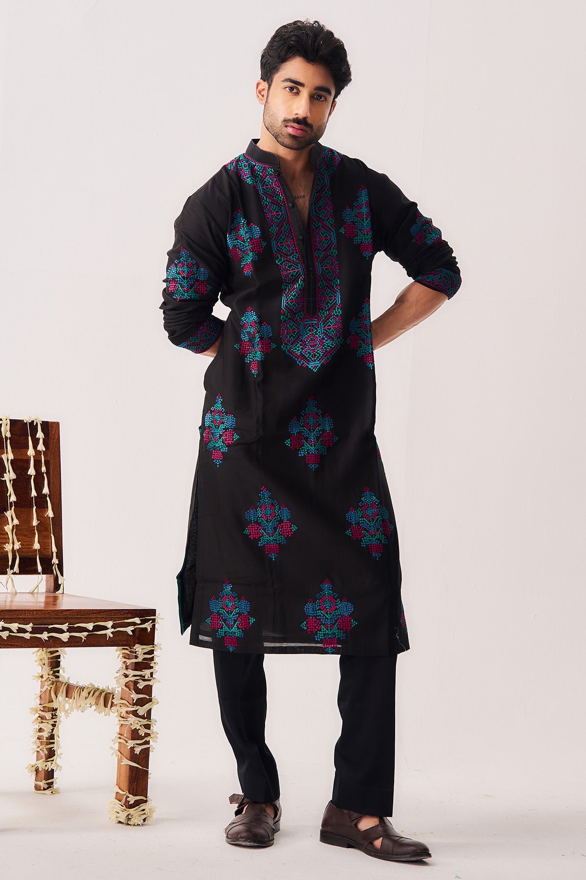Buy Black Twilight Flora Kurta Set for Men by WABI SABI available online at ScrollnShops