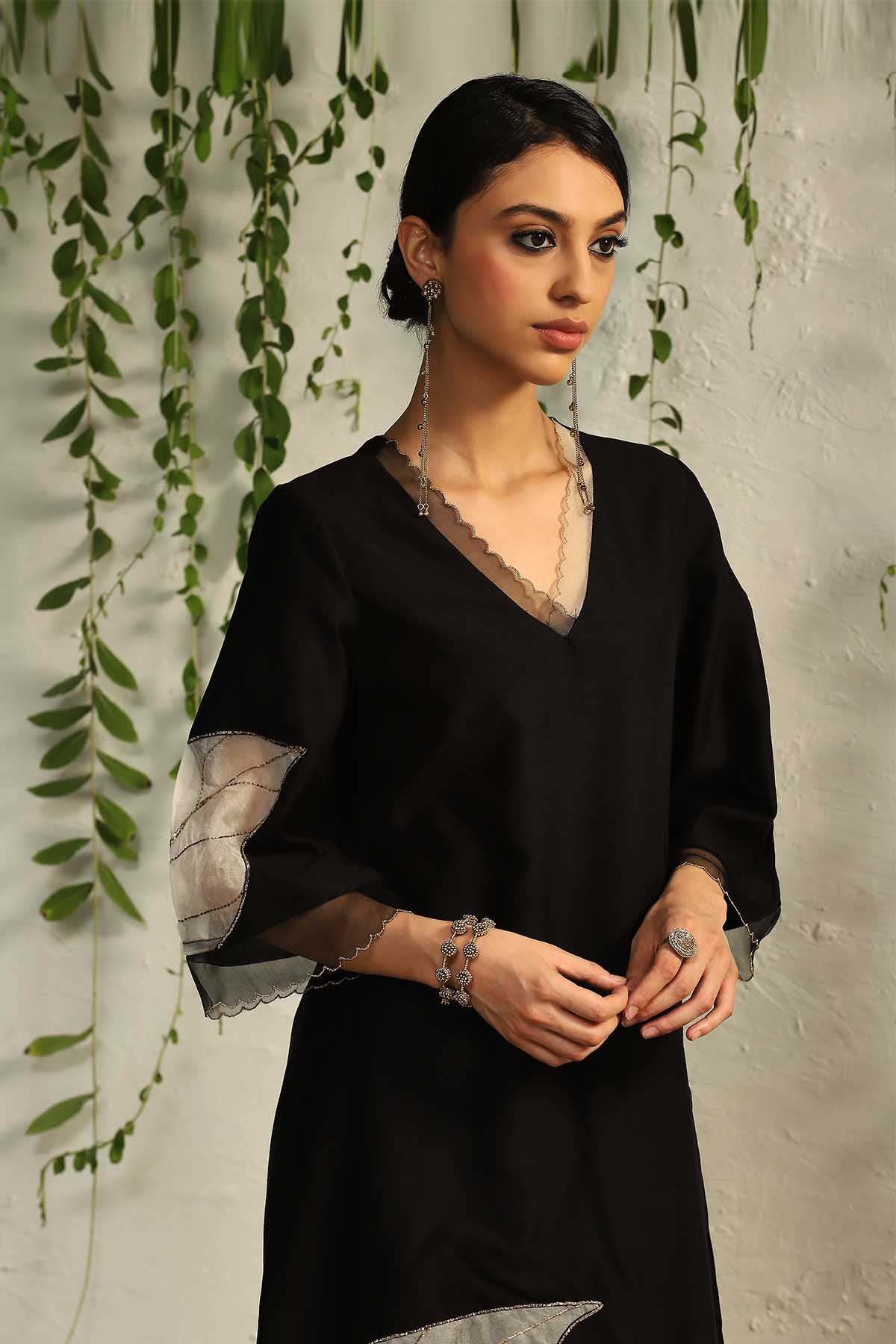 Black V-Neck Straight Kurta Set