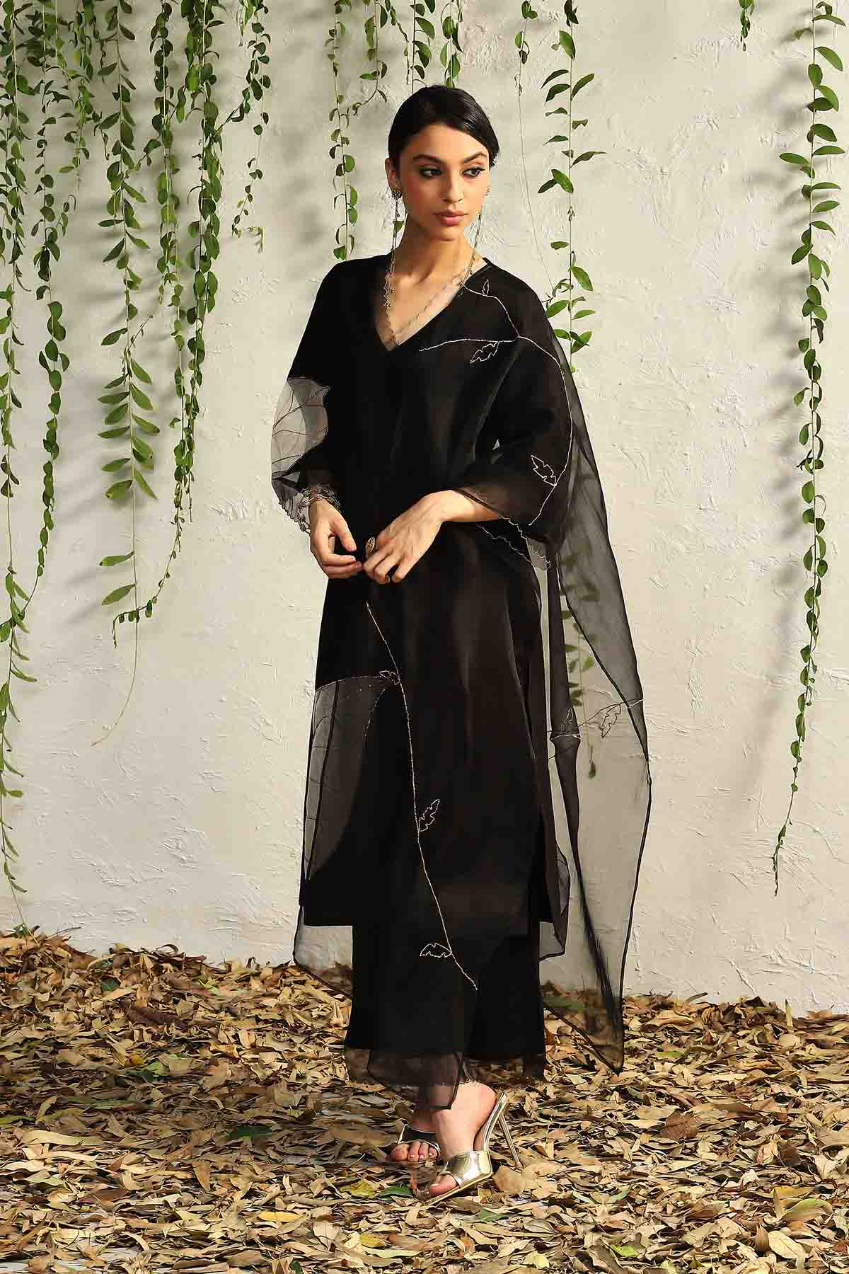 Black V-Neck Straight Kurta Set