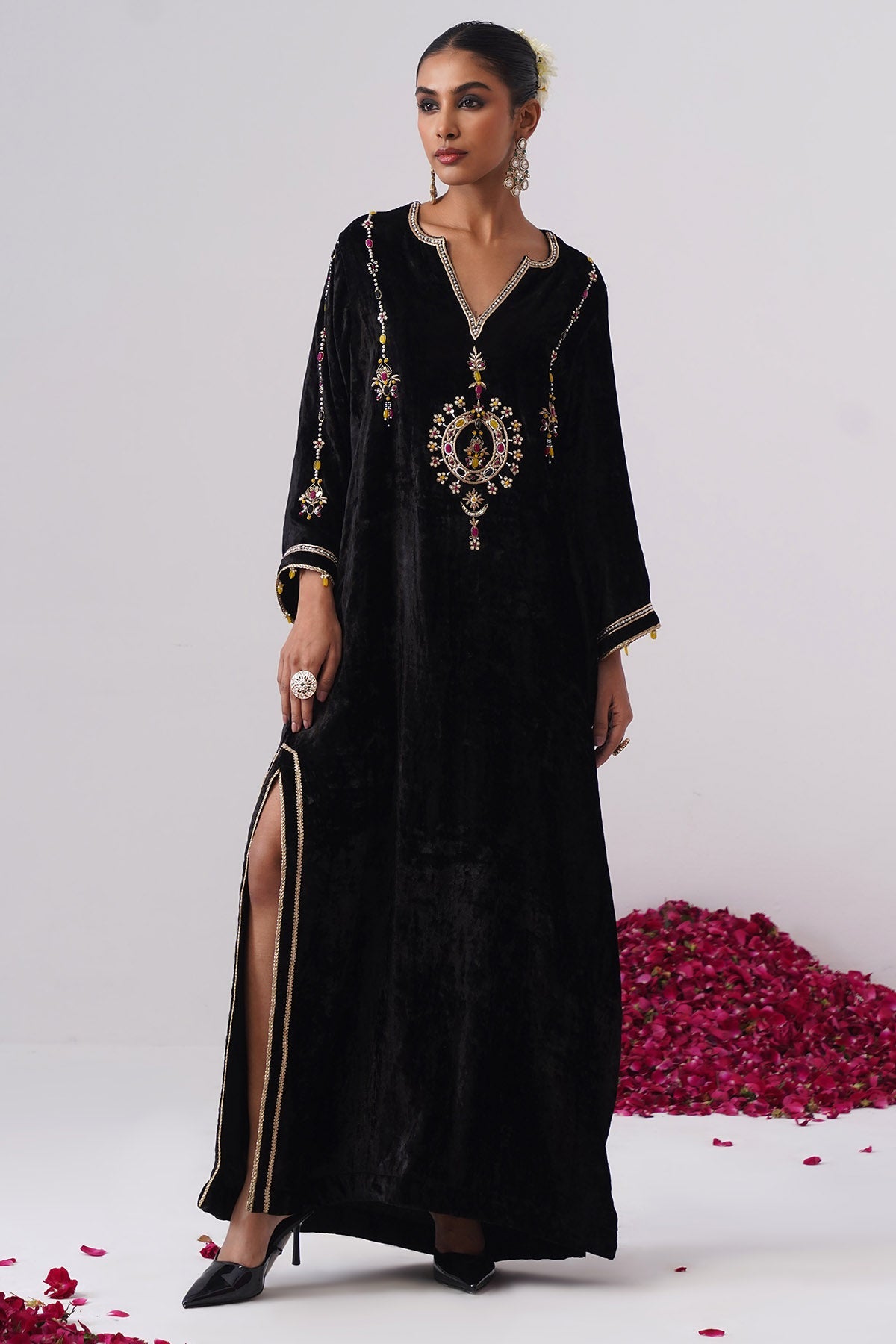 Buy Black Velvet Embroidered Kaftan for women by Ugna by Unnati online available at scrollnshops