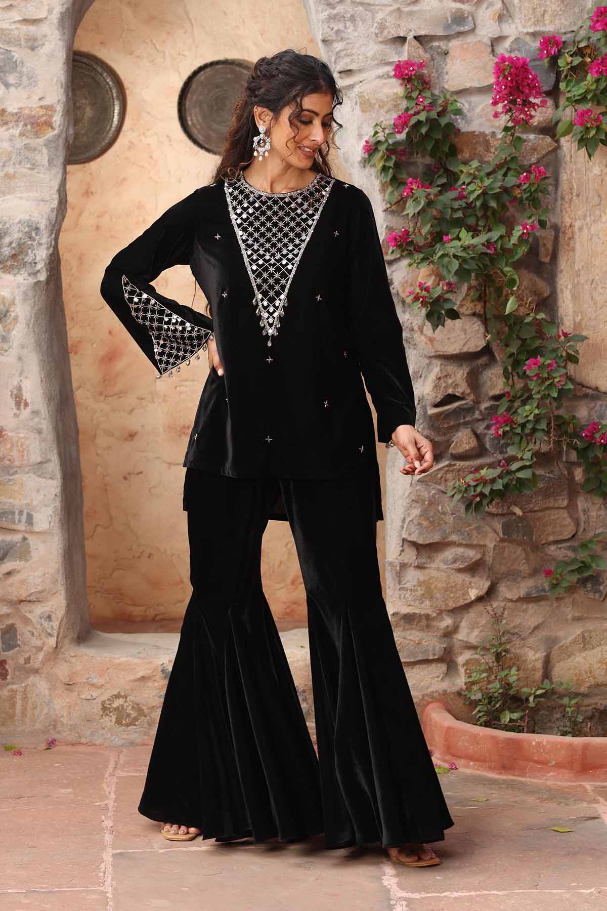 Buy Black Velvet Kurta Co-ord Set by Ajiesh Oberoi for women online at ScrollnShops