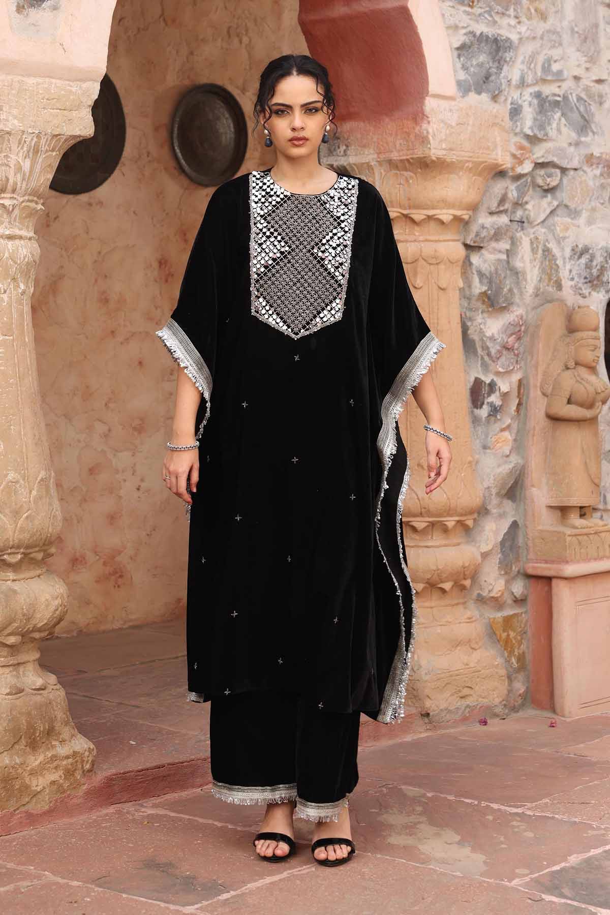 Buy Black Velvet Long Kaftan Set Online