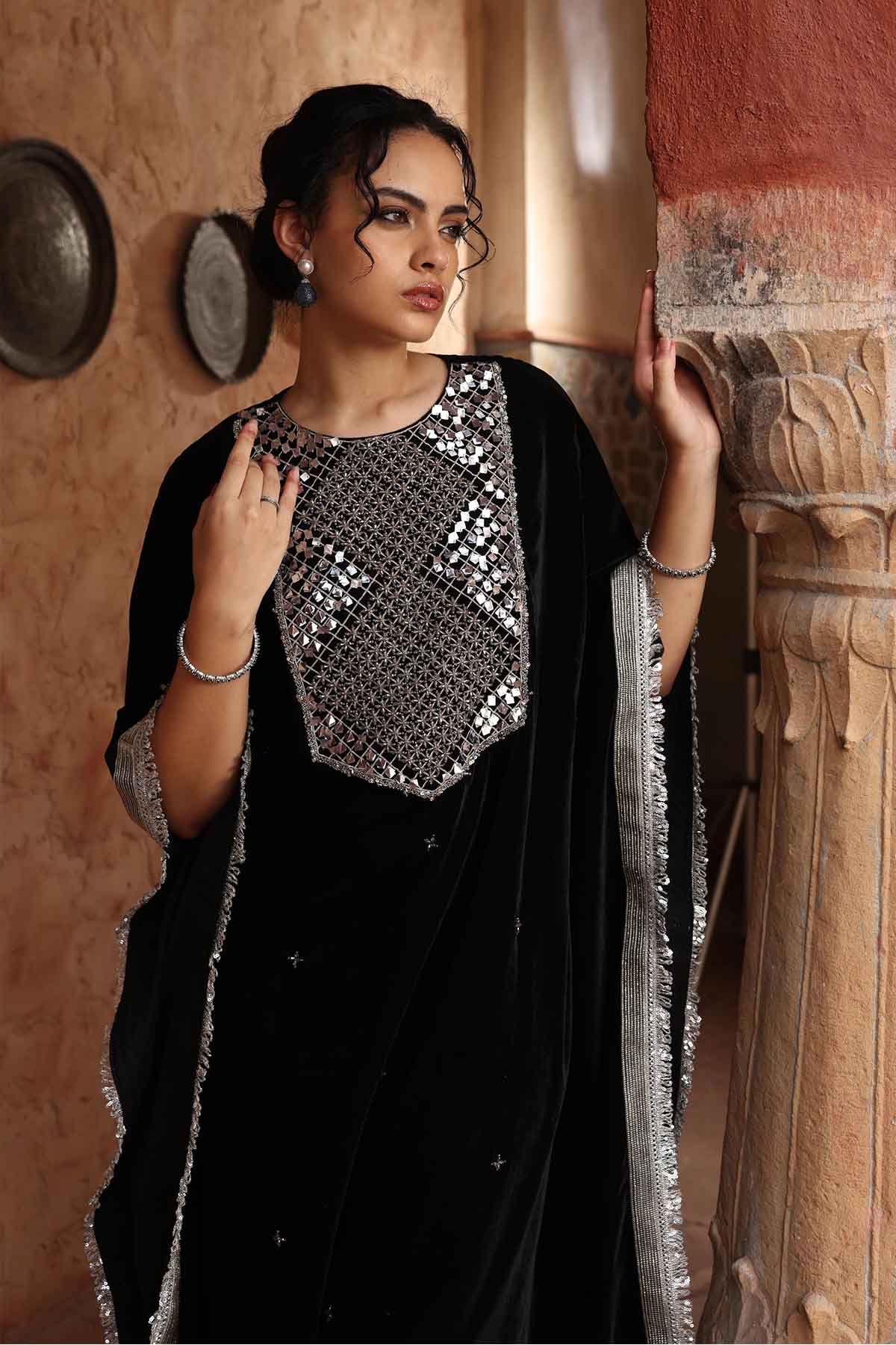 Black Velvet Long Kaftan Set