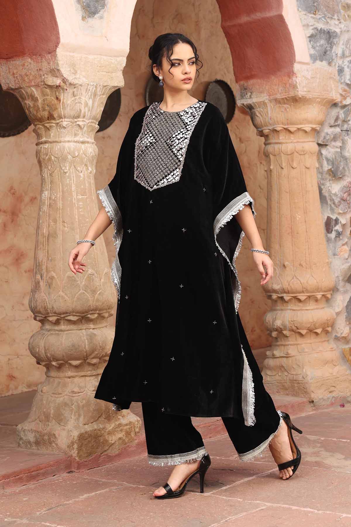 Black Velvet Long Kaftan Set