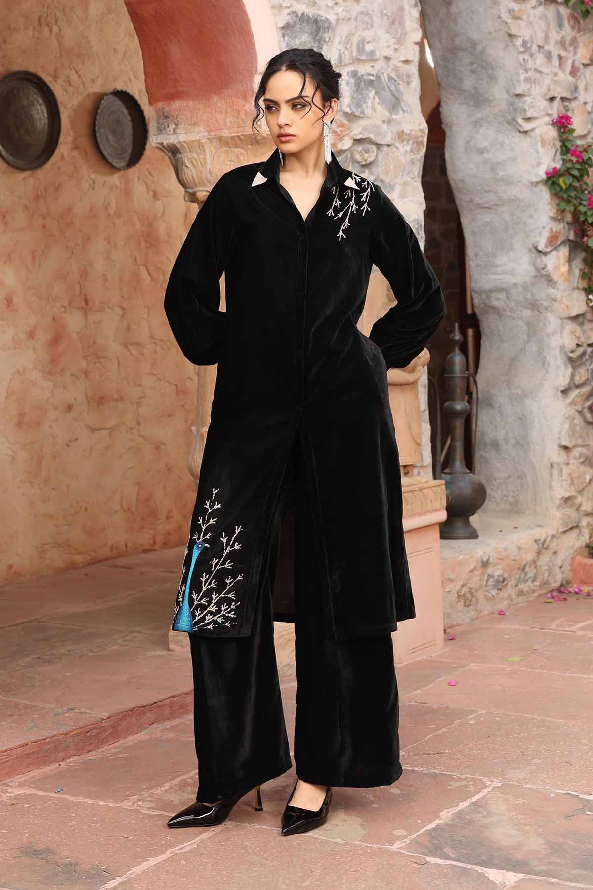 Buy Black Velvet Long Kurta & Pants by Ajiesh Oberoi for women online at ScrollnShops