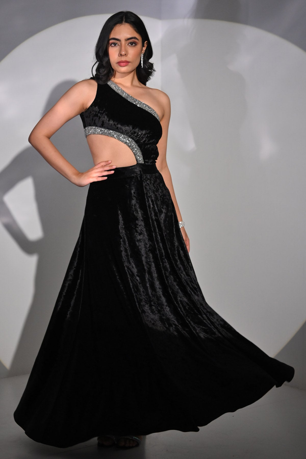 Black Velvet One-Shoulder Gown