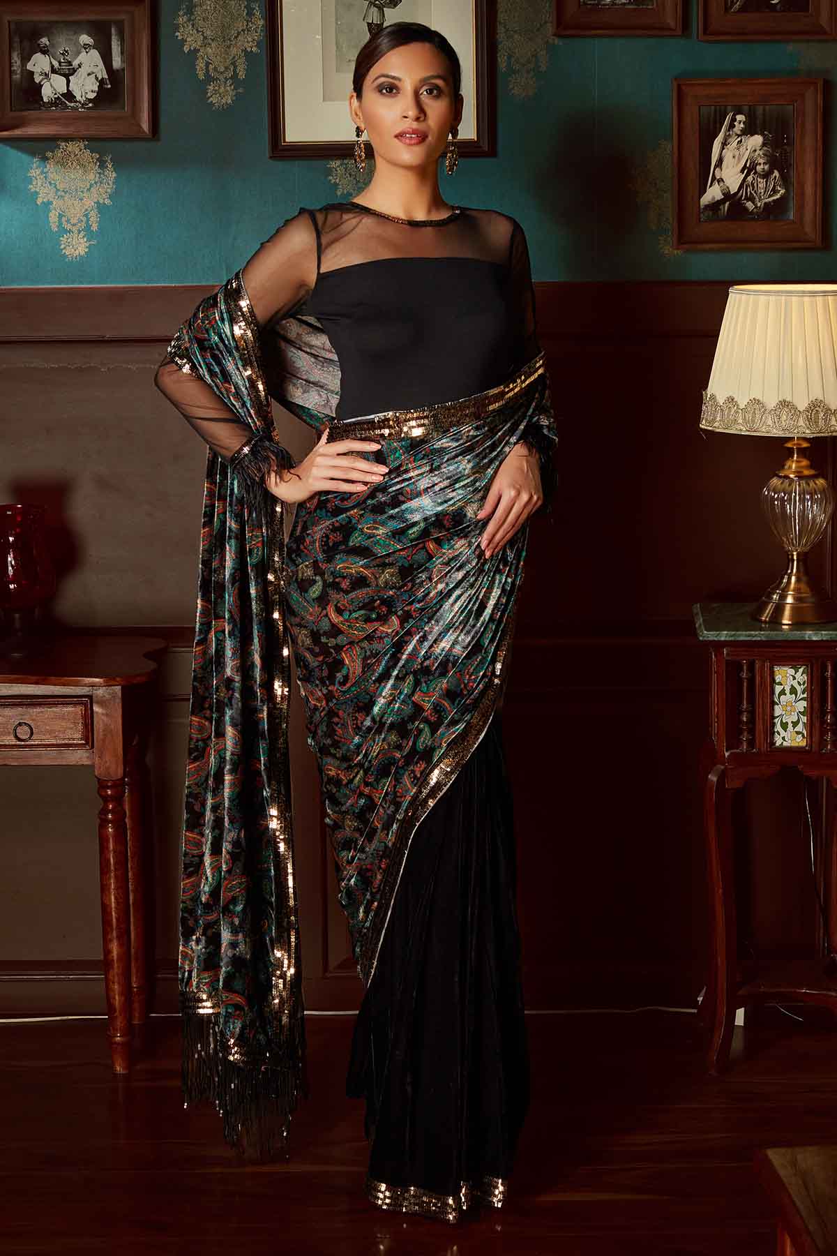 Priyanka Jain Black Velvet Pre-Stitched Saree for women online at ScrollnShops