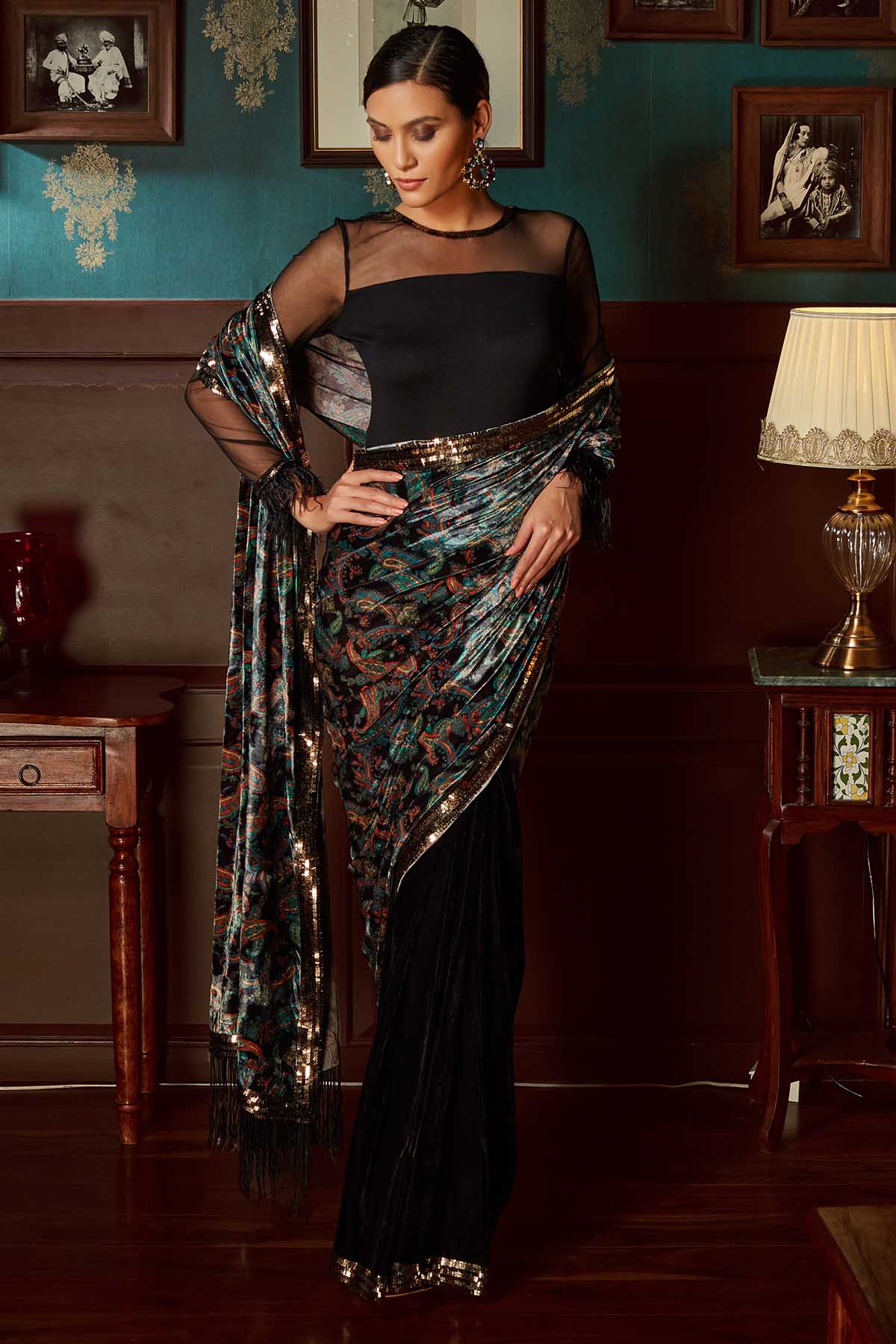 Black Velvet Pre-Stitched Saree