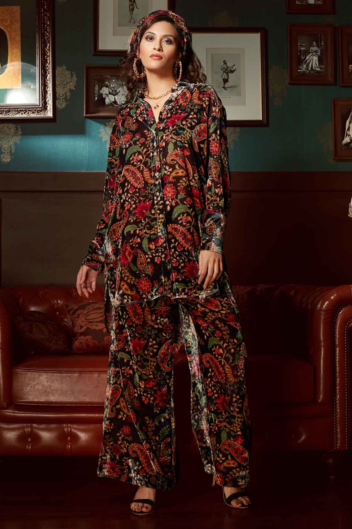 Priyanka Jain Black Velvet Print Co-ord Set for women online at ScrollnShops