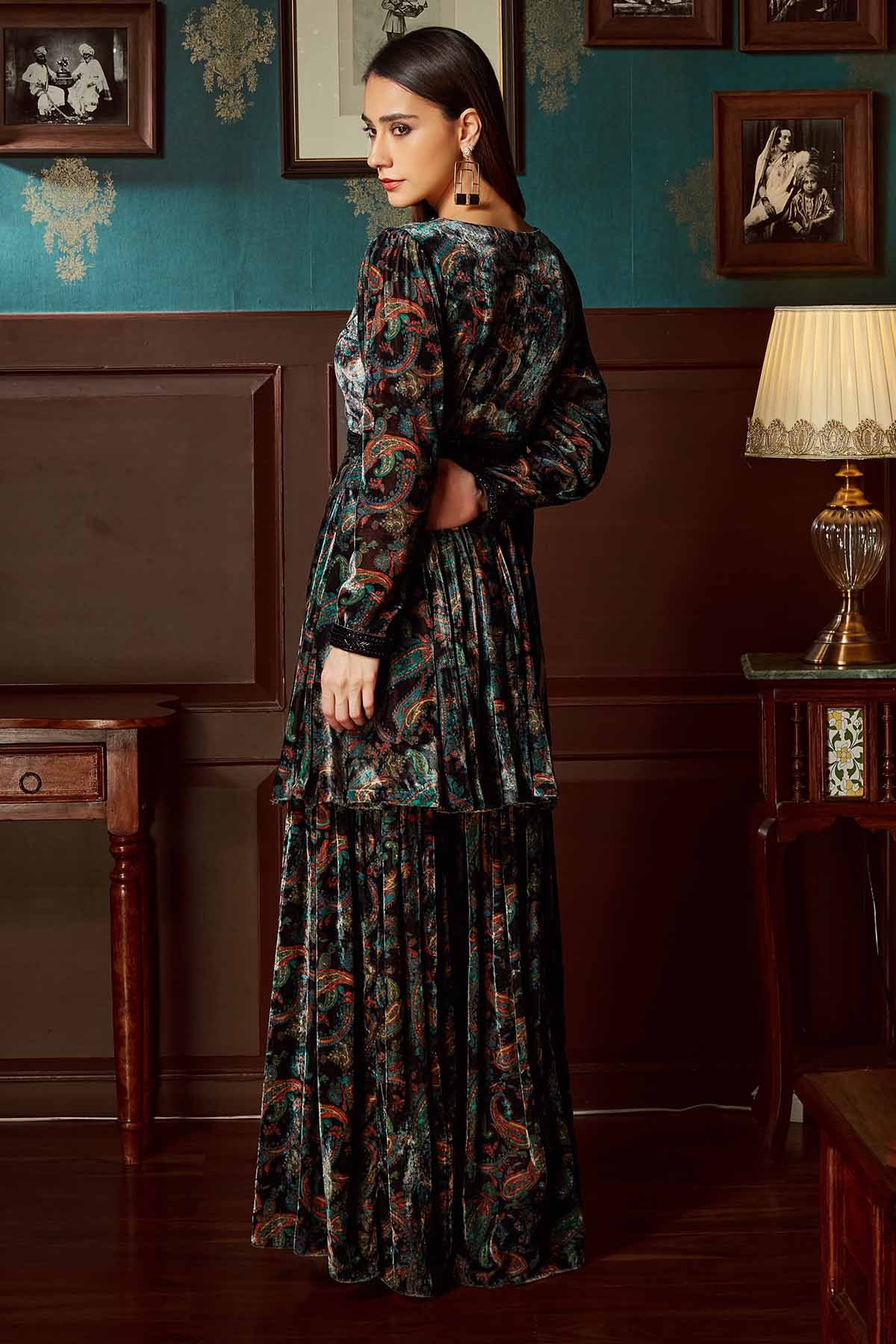 Black Velvet Print Sharara Set