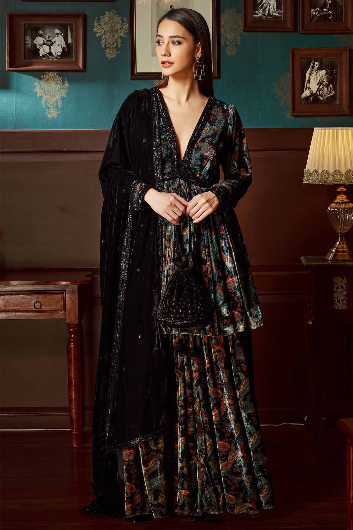 Priyanka Jain Black Velvet Print Sharara Set for women online at ScrollnShops