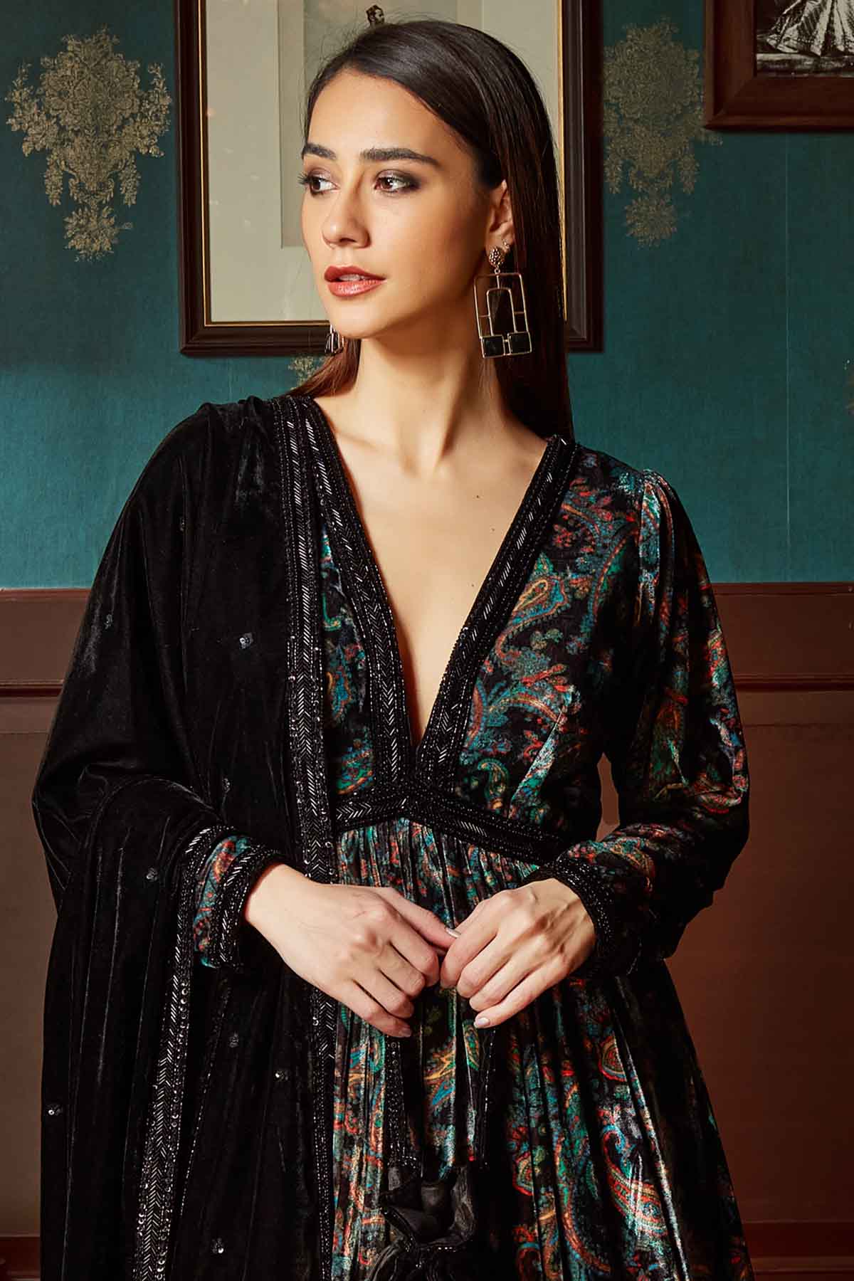 Black Velvet Print Sharara Set