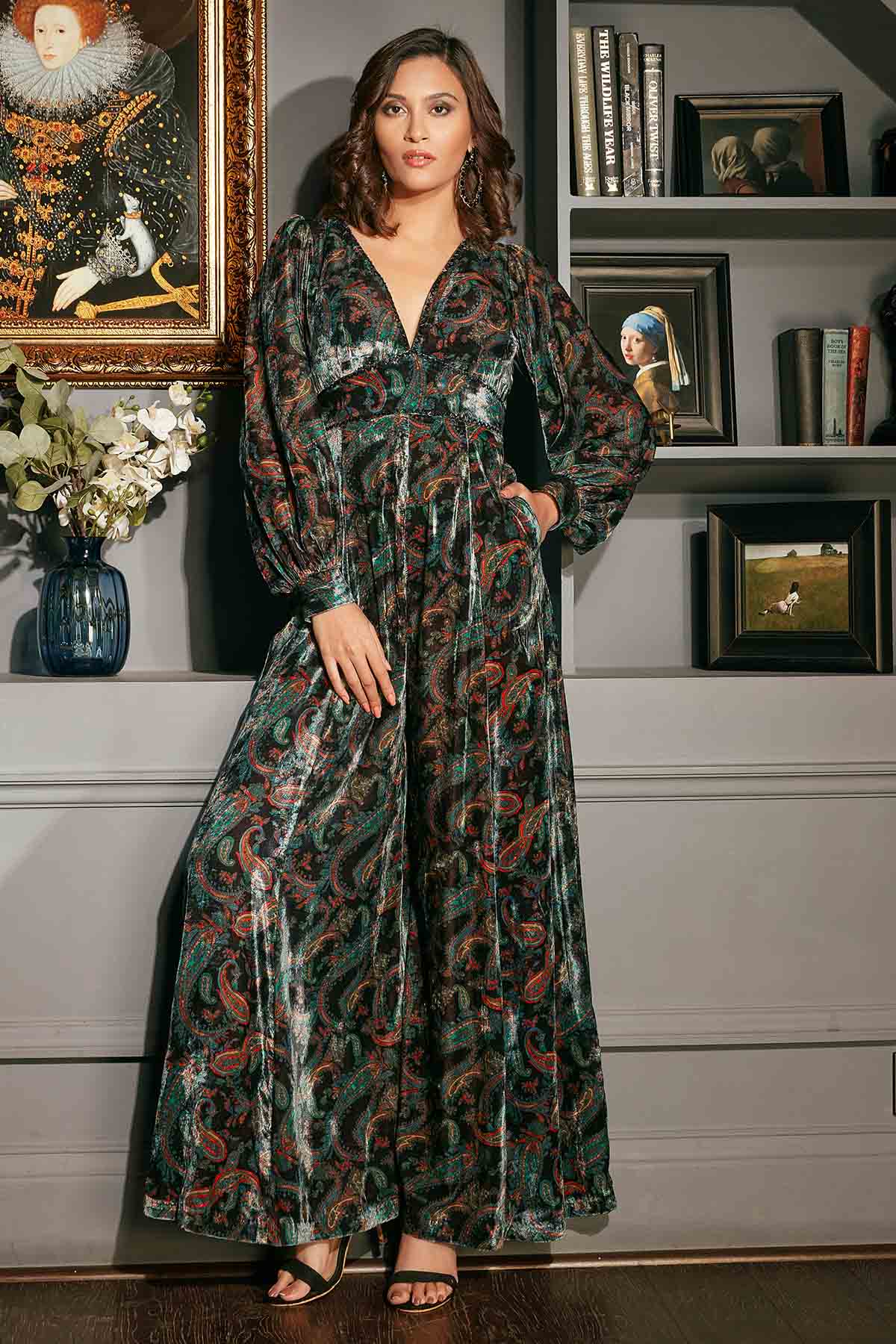 Priyanka Jain Black Velvet Printed Jumpsuit for women online at ScrollnShops