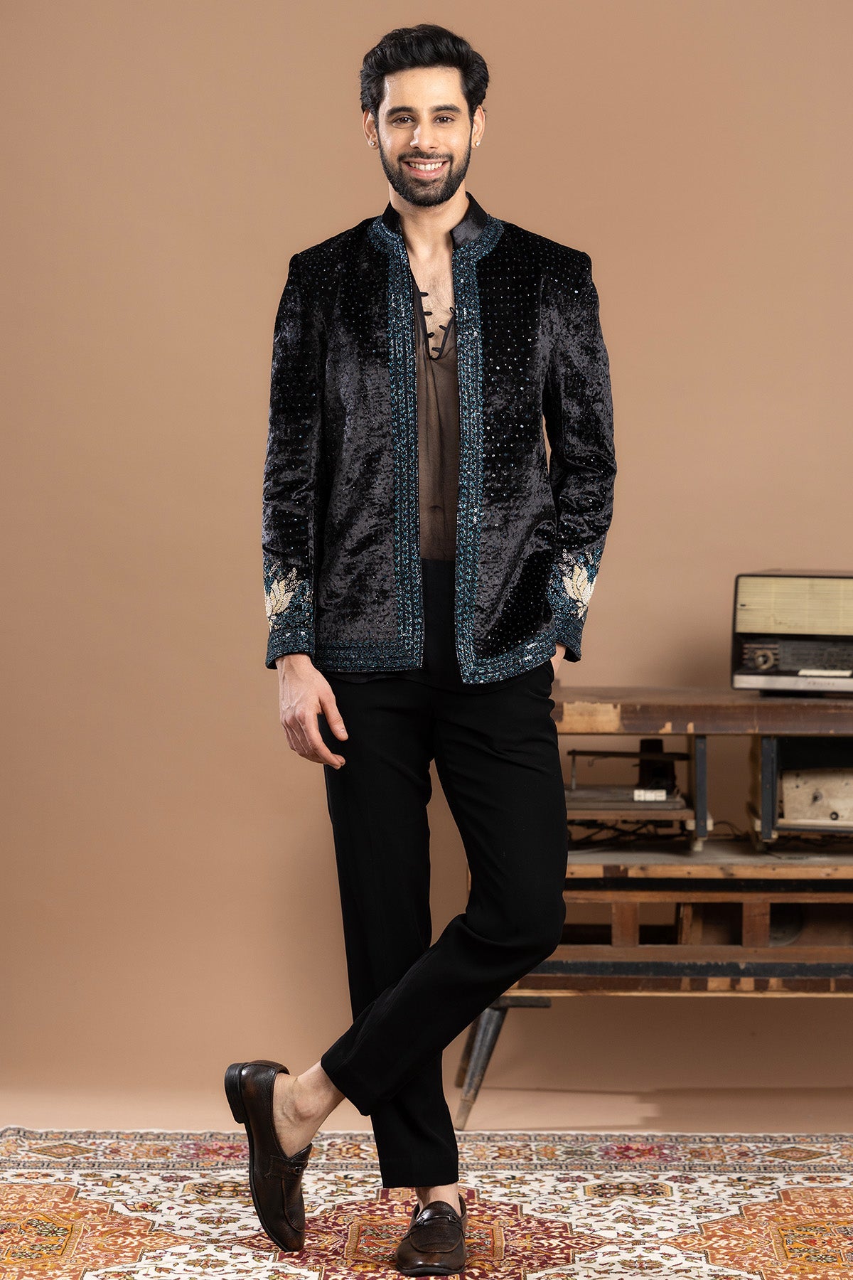 Buy Black Velvet Puffer Jacket Set for women by Rivaaj Couture online available at scrollnshops