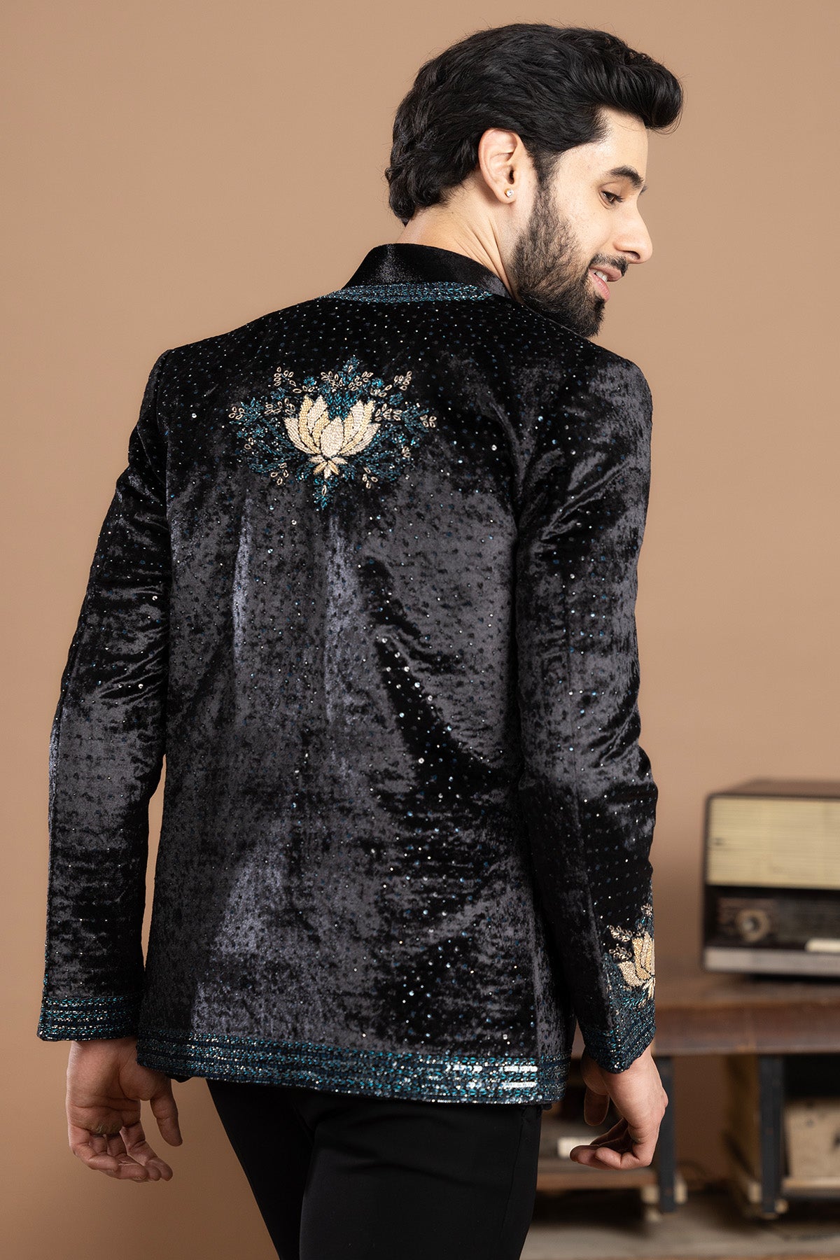 Black Velvet Puffer Jacket Set