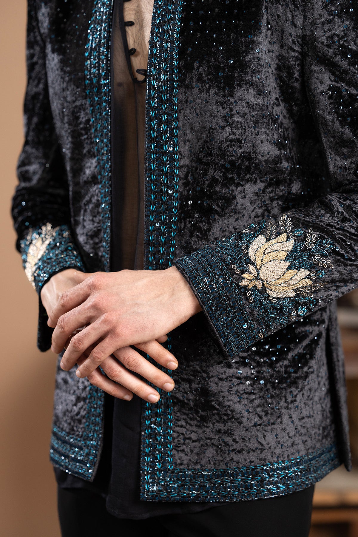 Black Velvet Puffer Jacket Set