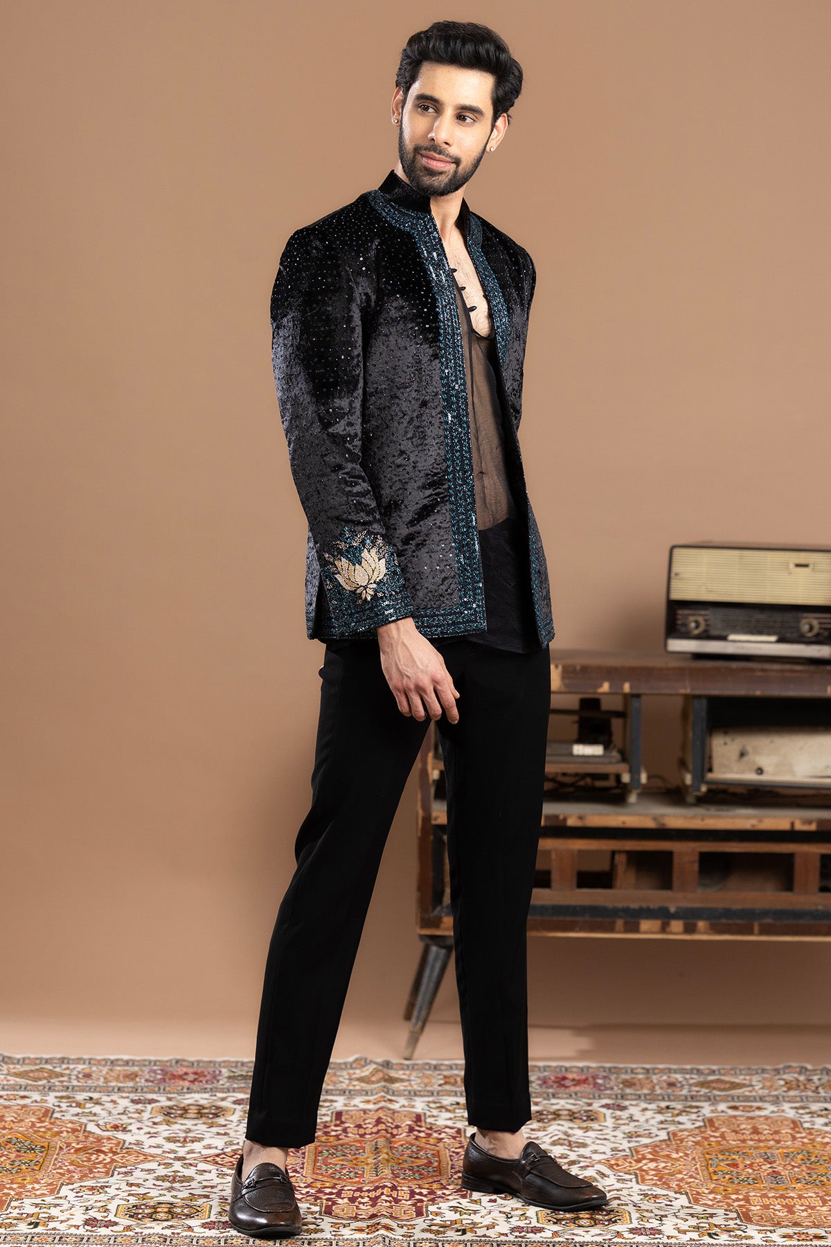 Black Velvet Puffer Jacket Set