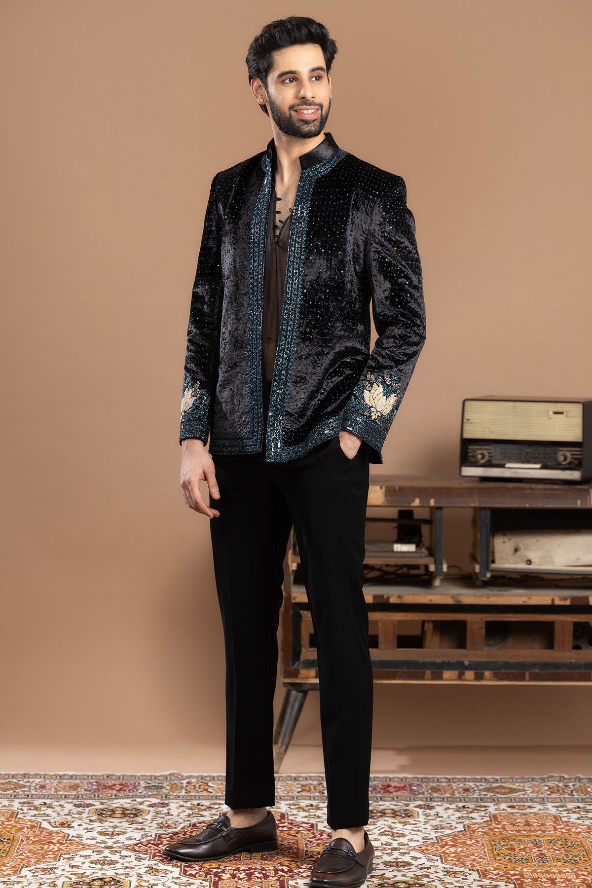 Black Velvet Puffer Jacket Set