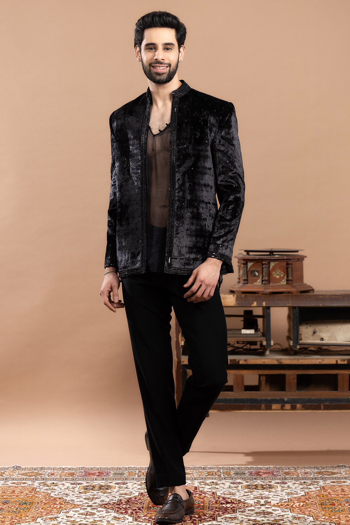 Black Velvet Self Sequin Suit