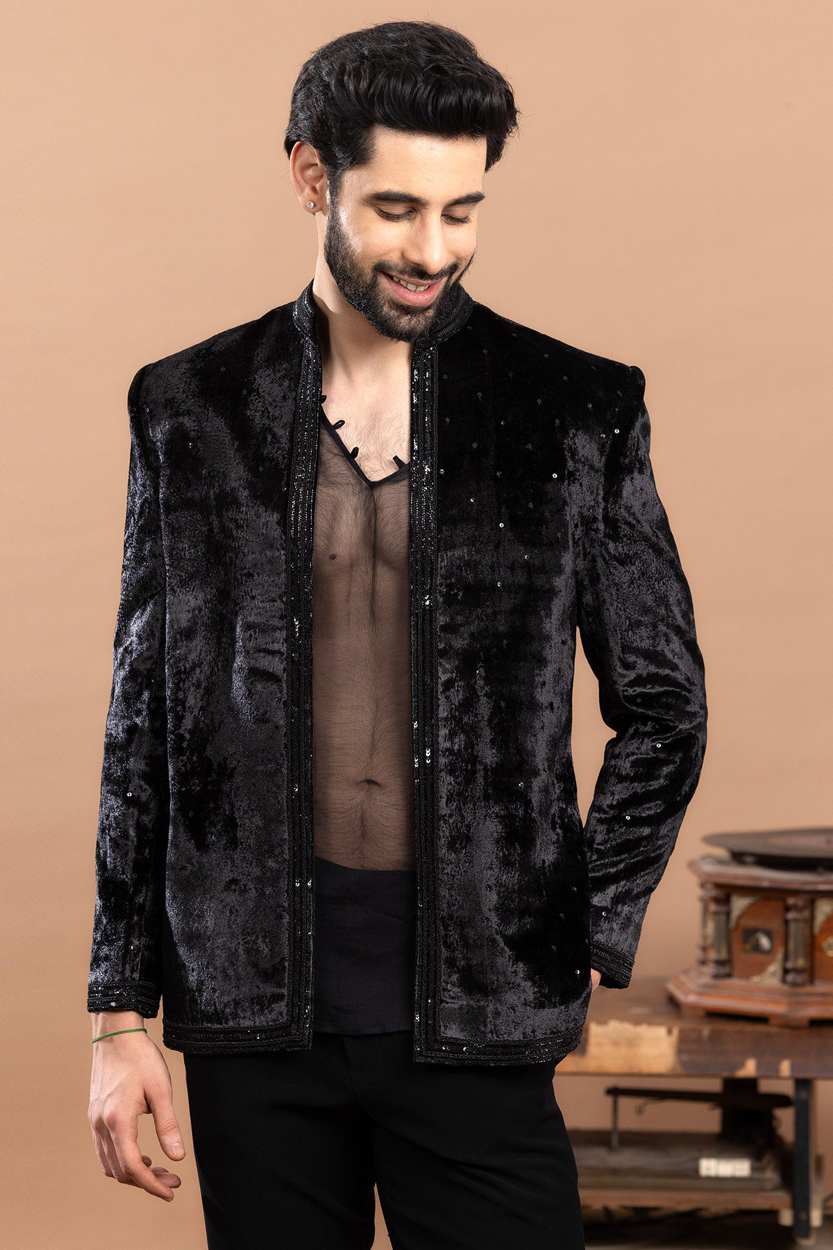 Black Velvet Self Sequin Suit