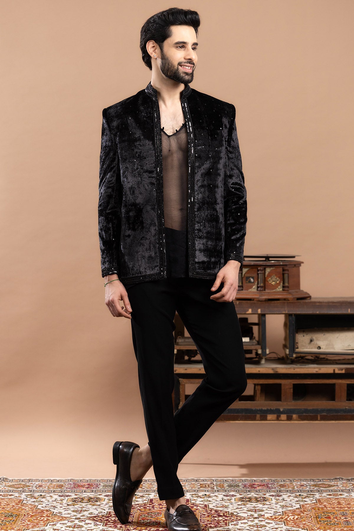 Buy Black Velvet Self Sequin Suit  for women by Rivaaj Couture online available at scrollnshops