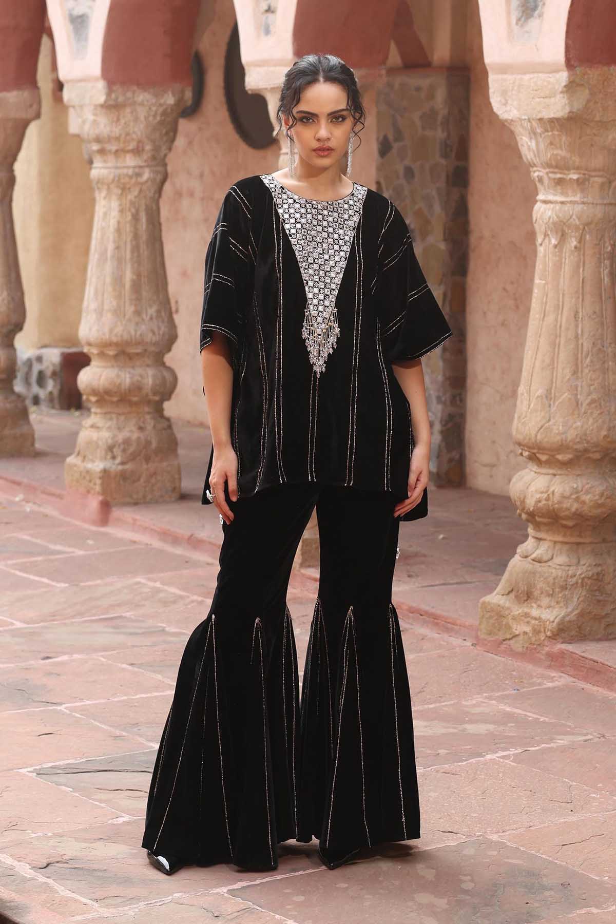 Buy Black Velvet Short Kaftan Set Online