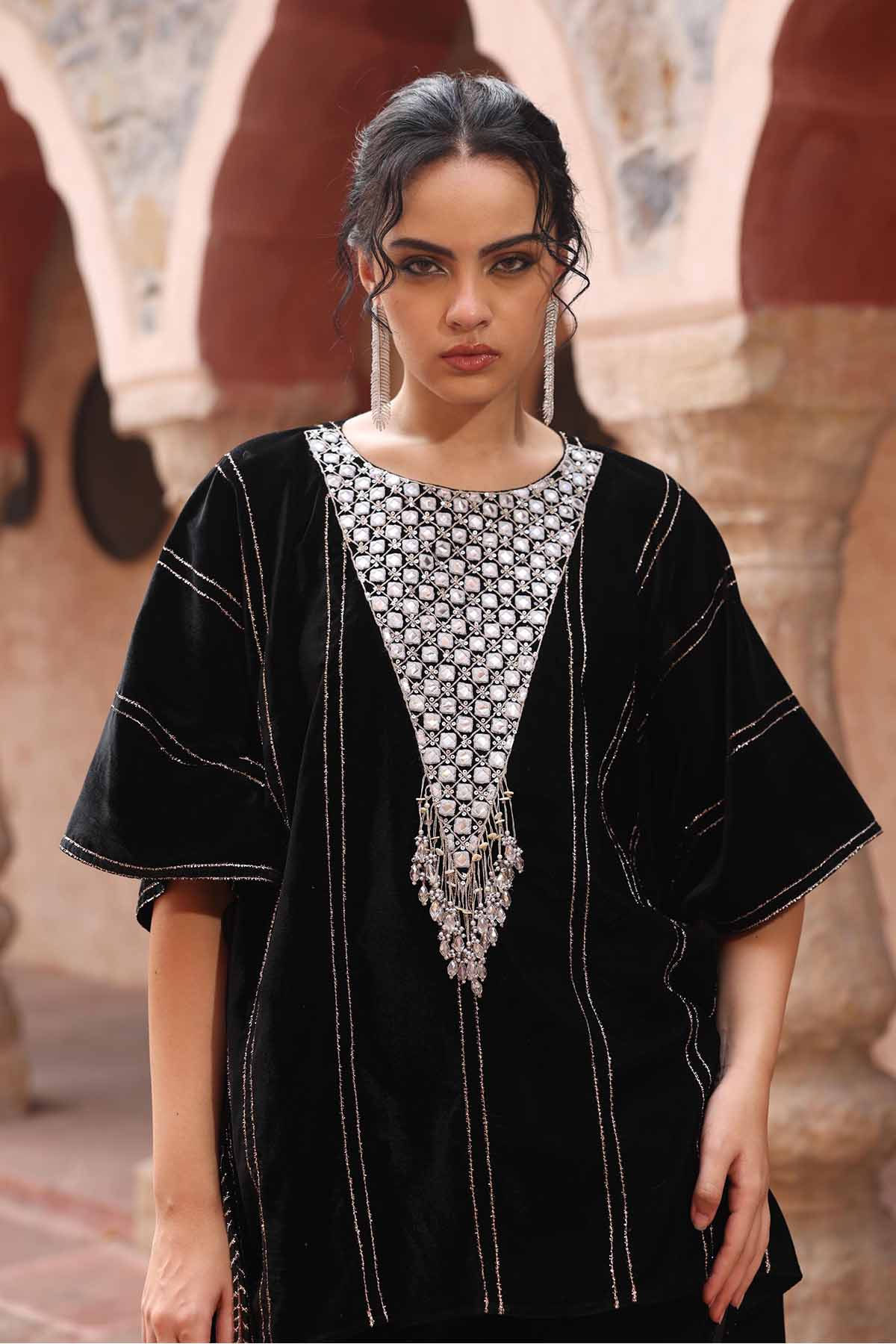 Black Velvet Short Kaftan Set