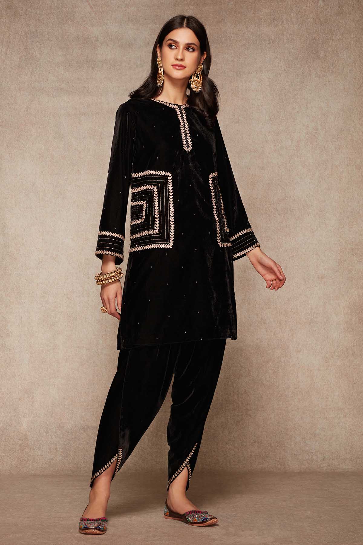 Buy Black Velvet Short Kurta Set by Ajiesh Oberoi for women online at ScrollnShops