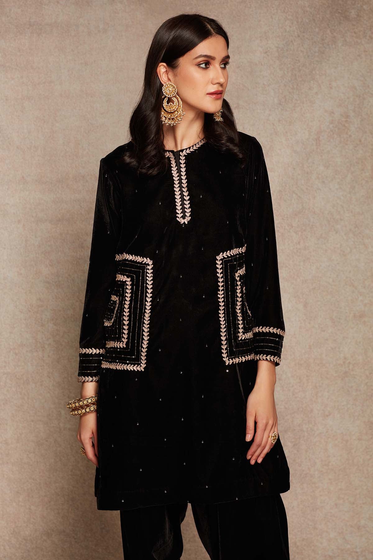Black Velvet Short Kurta Set