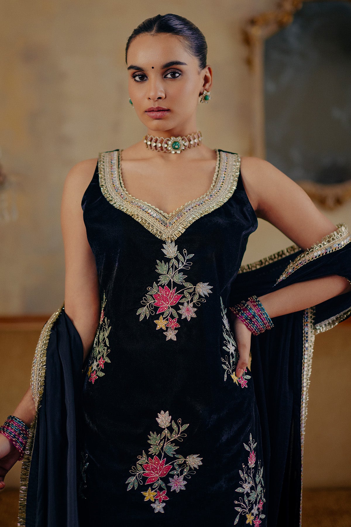 Black Velvet Thread Kurta Set