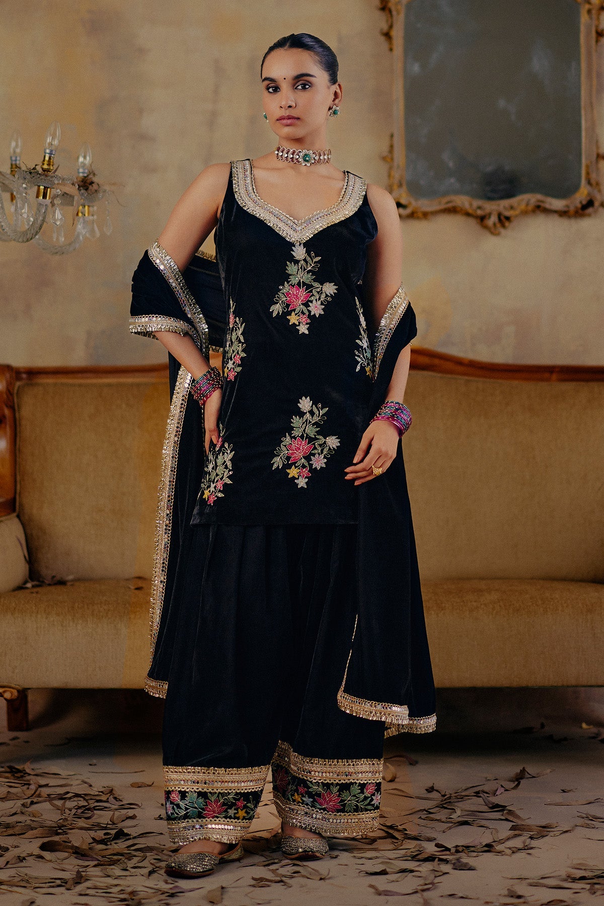 Buy Black Velvet Thread Kurta Set for women by Ajiesh Oberoi online available at scrollnshops