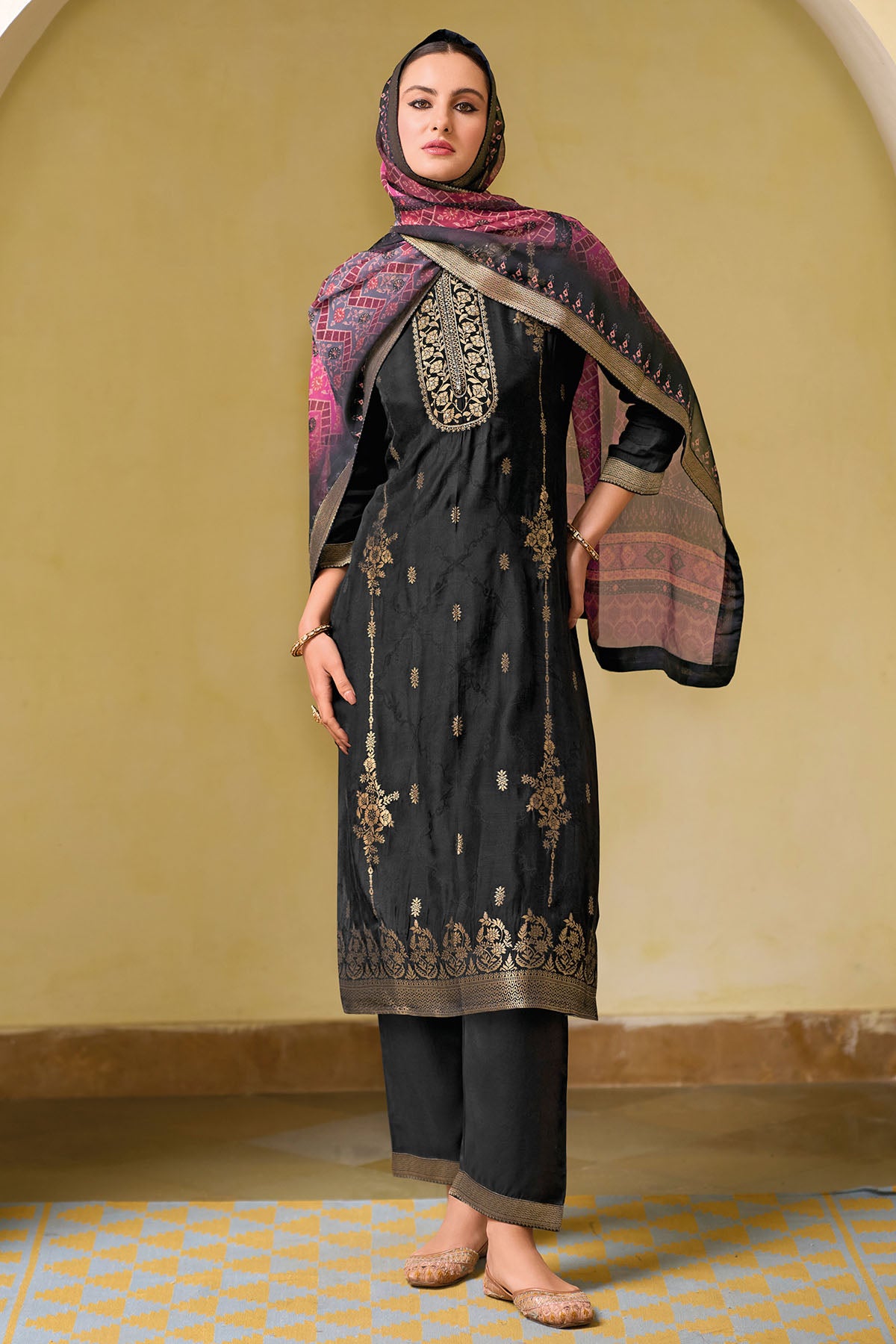 Black Viscose Silk Kurta Set