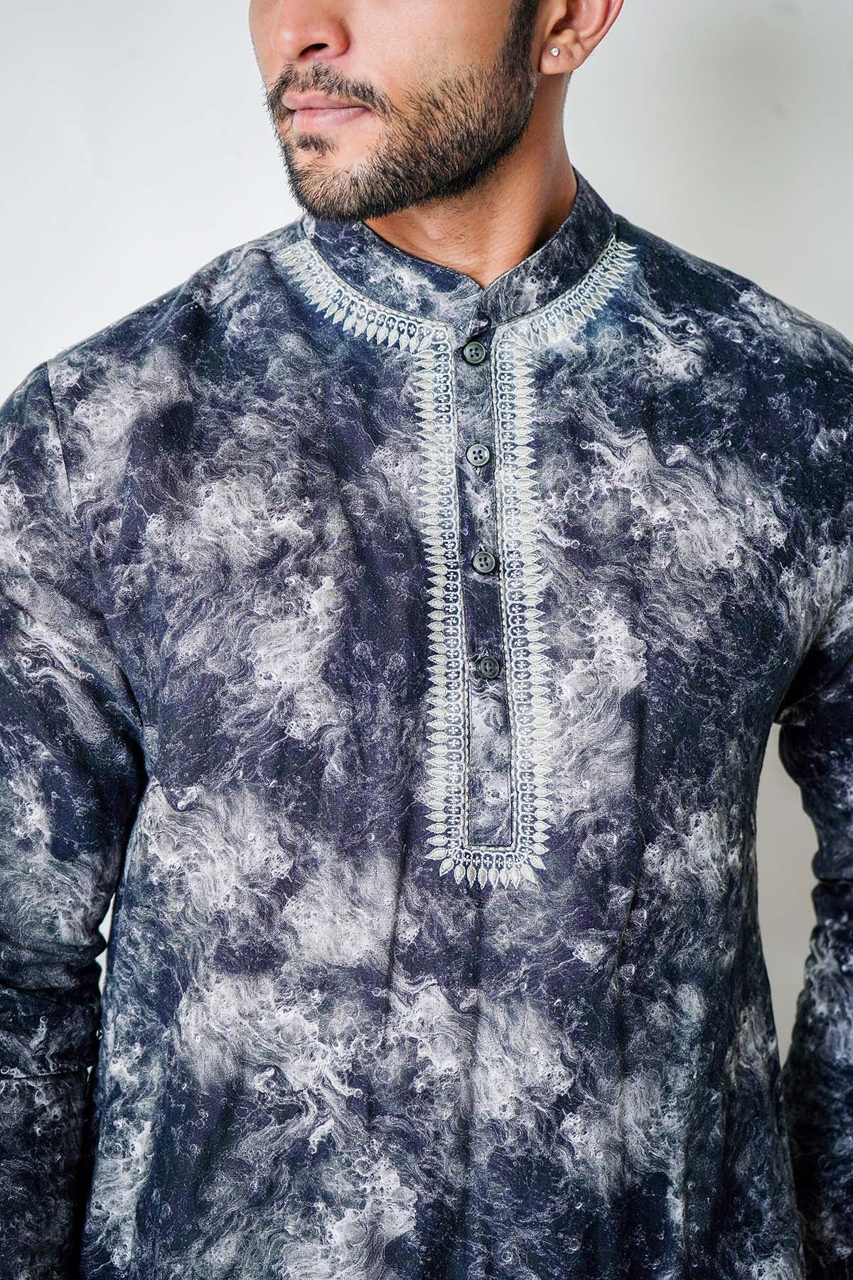 Black & White Linen Kurta Set