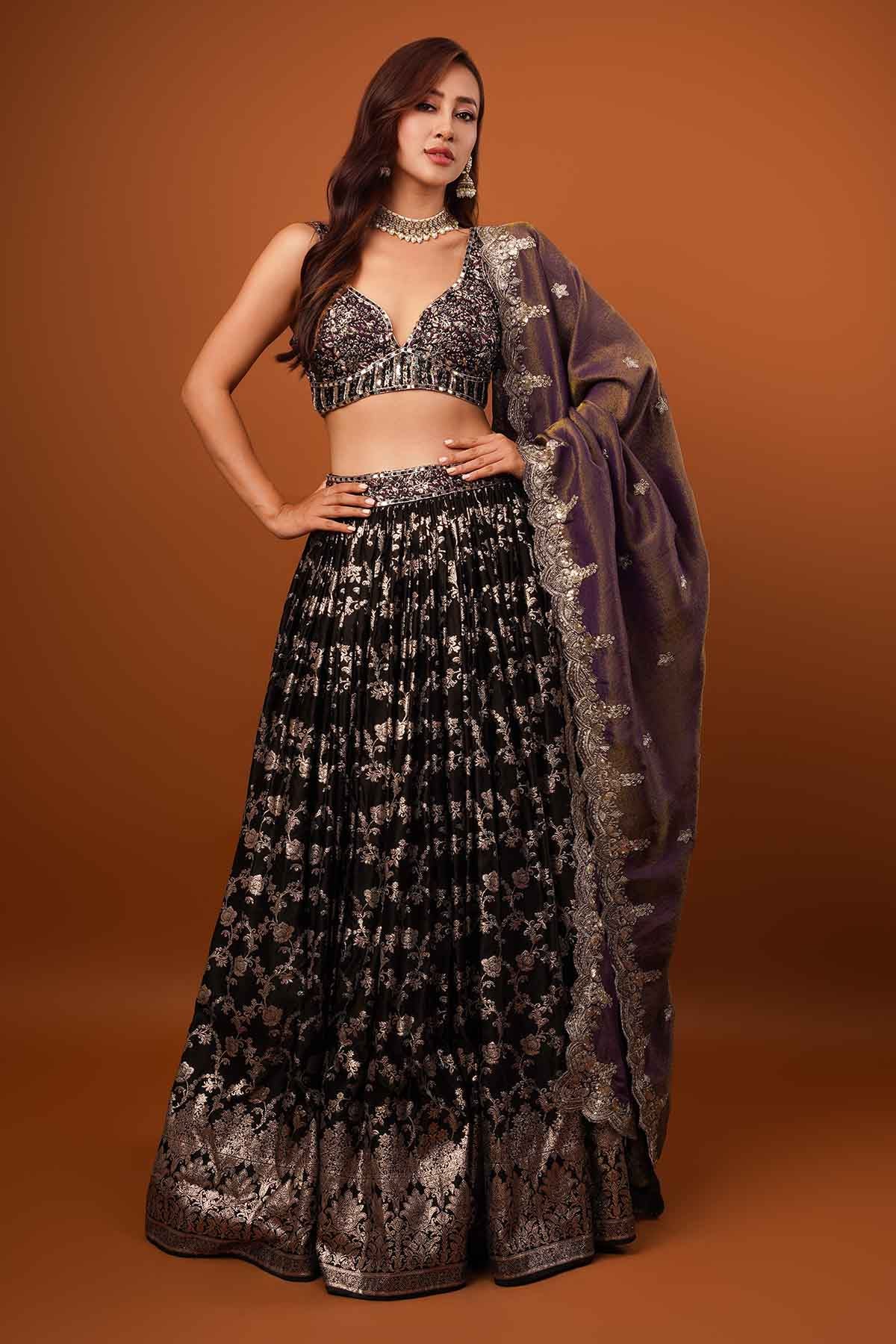 Ajay & Priyanka Black Wine Zardosi Lehenga Set for women online at ScrollnShops