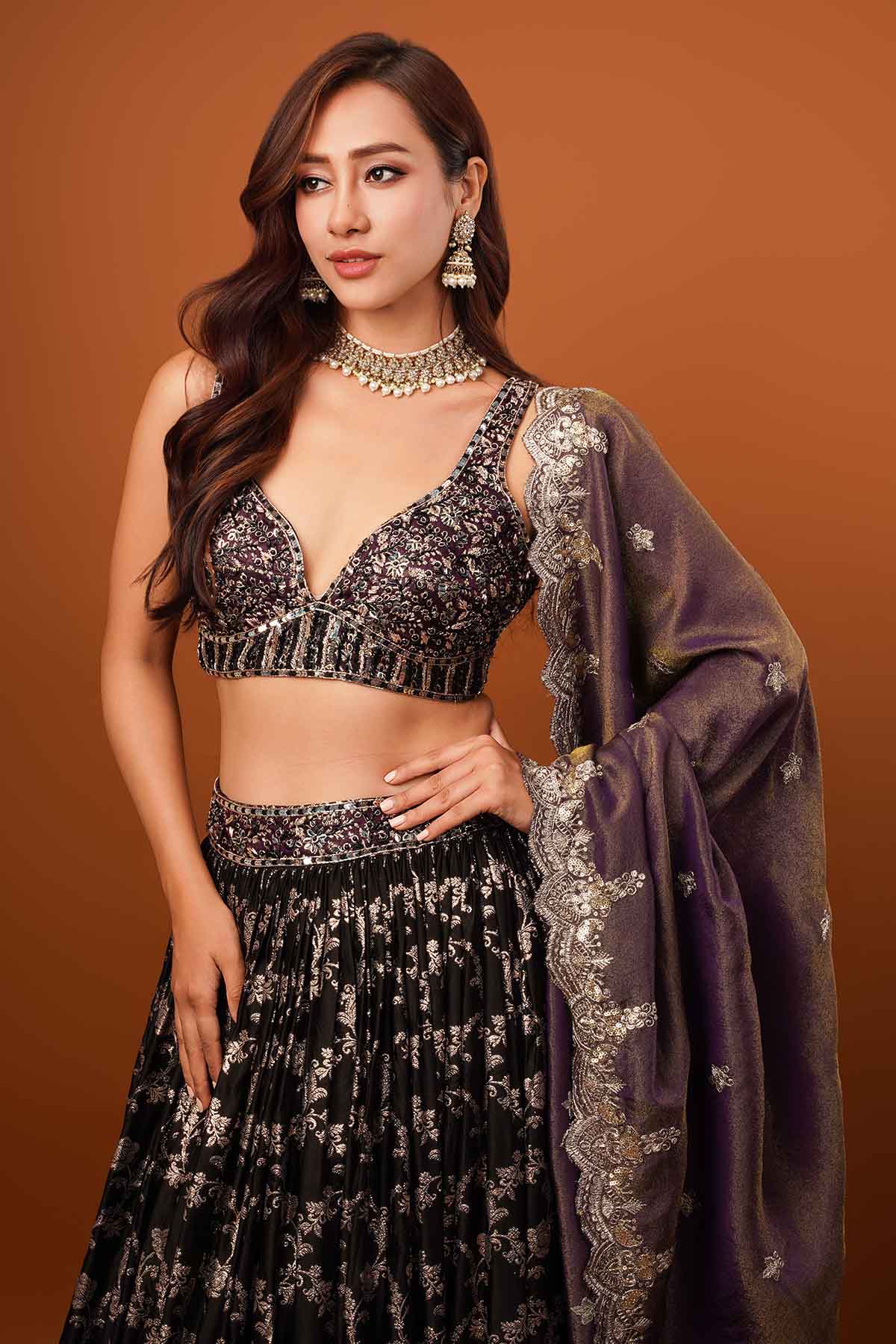Black Wine Zardosi Lehenga Set