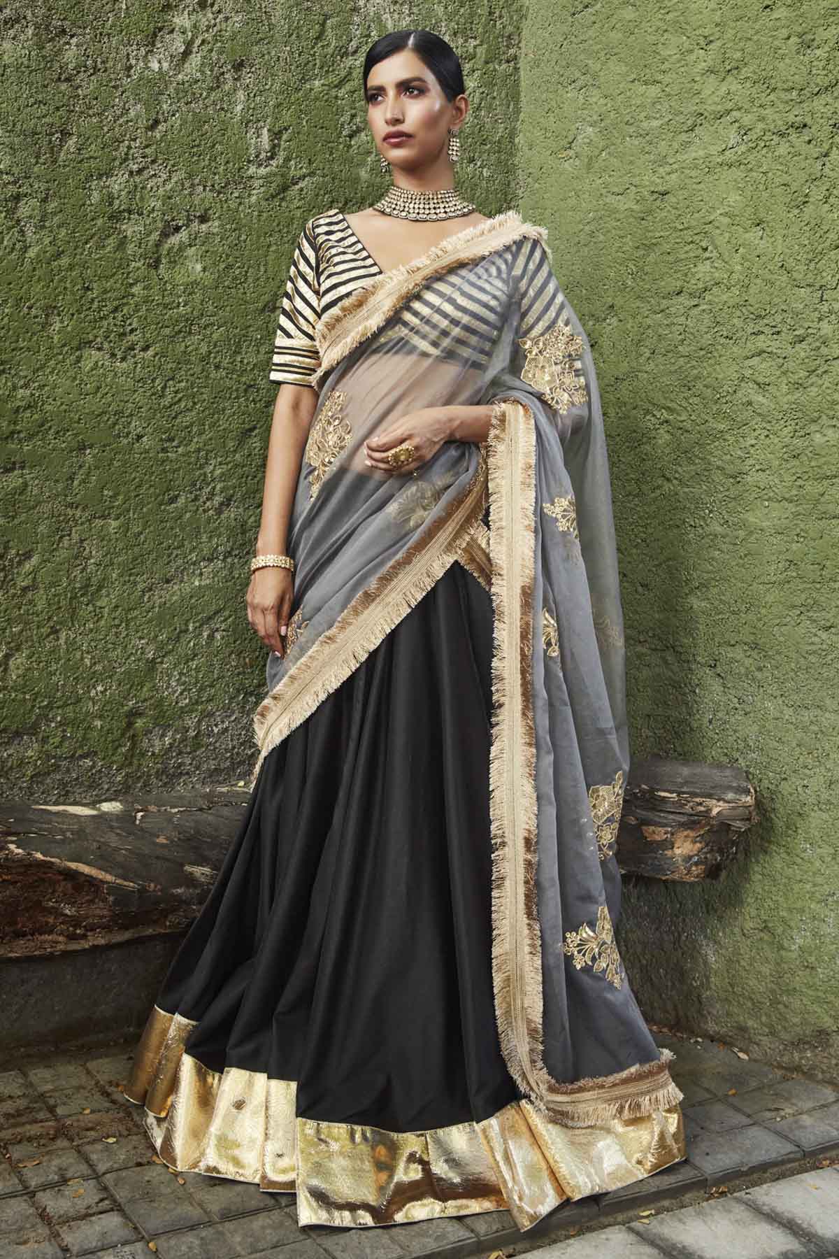Designer Ranian Black lehenga set with gota embroidered silk lehenga, blouse with a back hook and zip and grey dupatta with zardosi zari boota all over For women Online at ScrollnShops