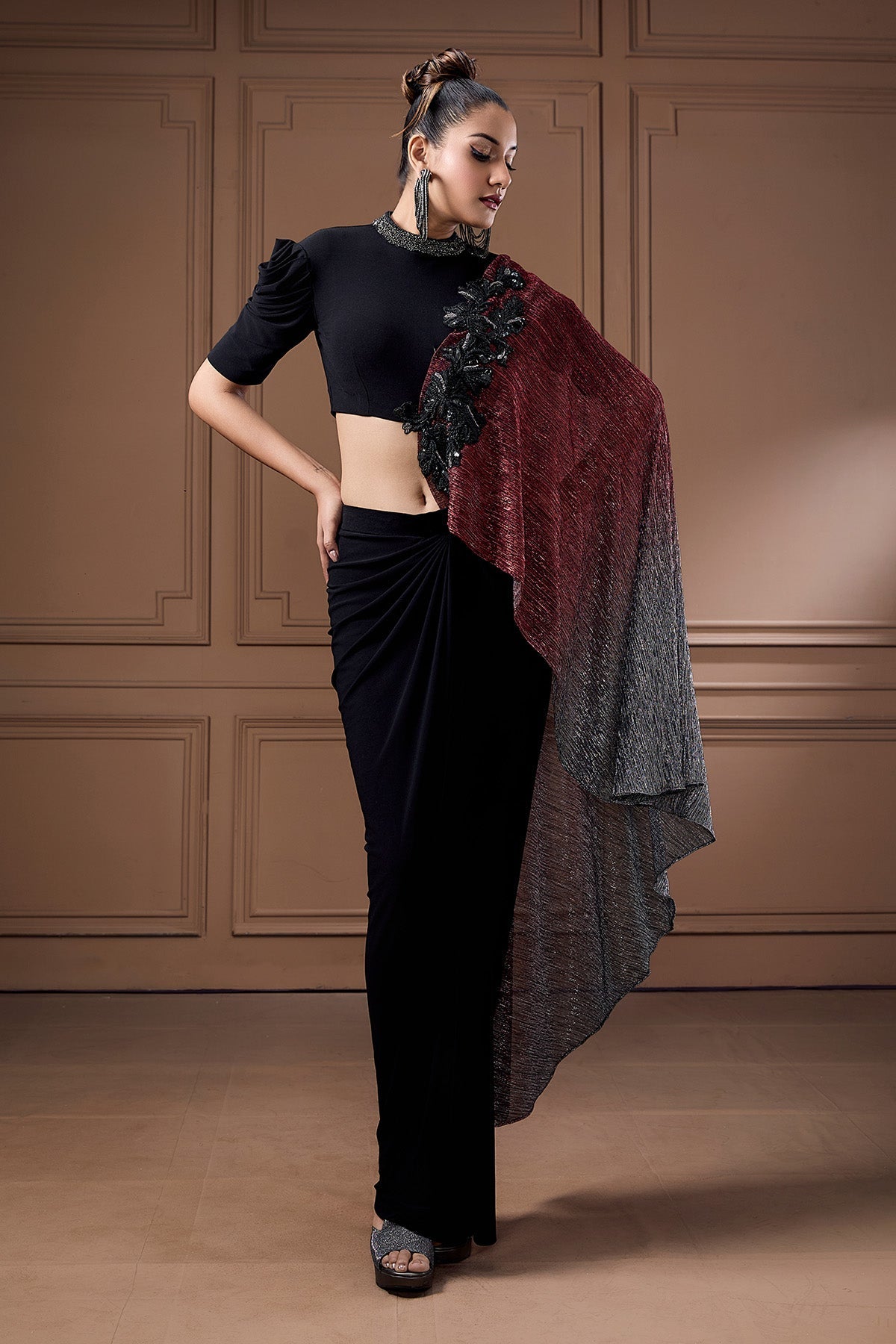 Buy Black Zardozi Drape Skirt Set by Label Kaleido for Women online at ScrollnShops