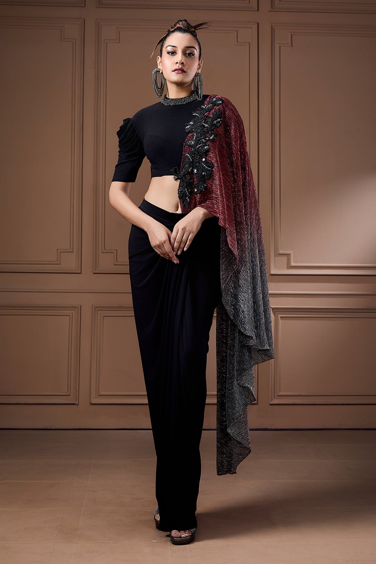 Black Zardozi Drape Skirt Set