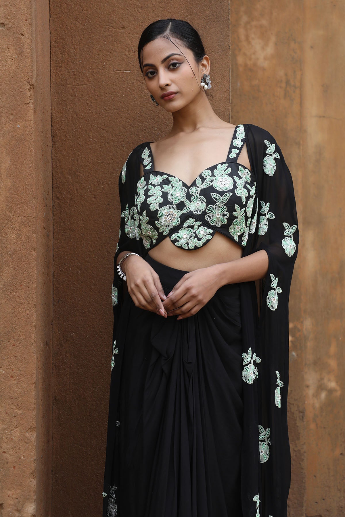 Black Zari Embroidered Cape Set