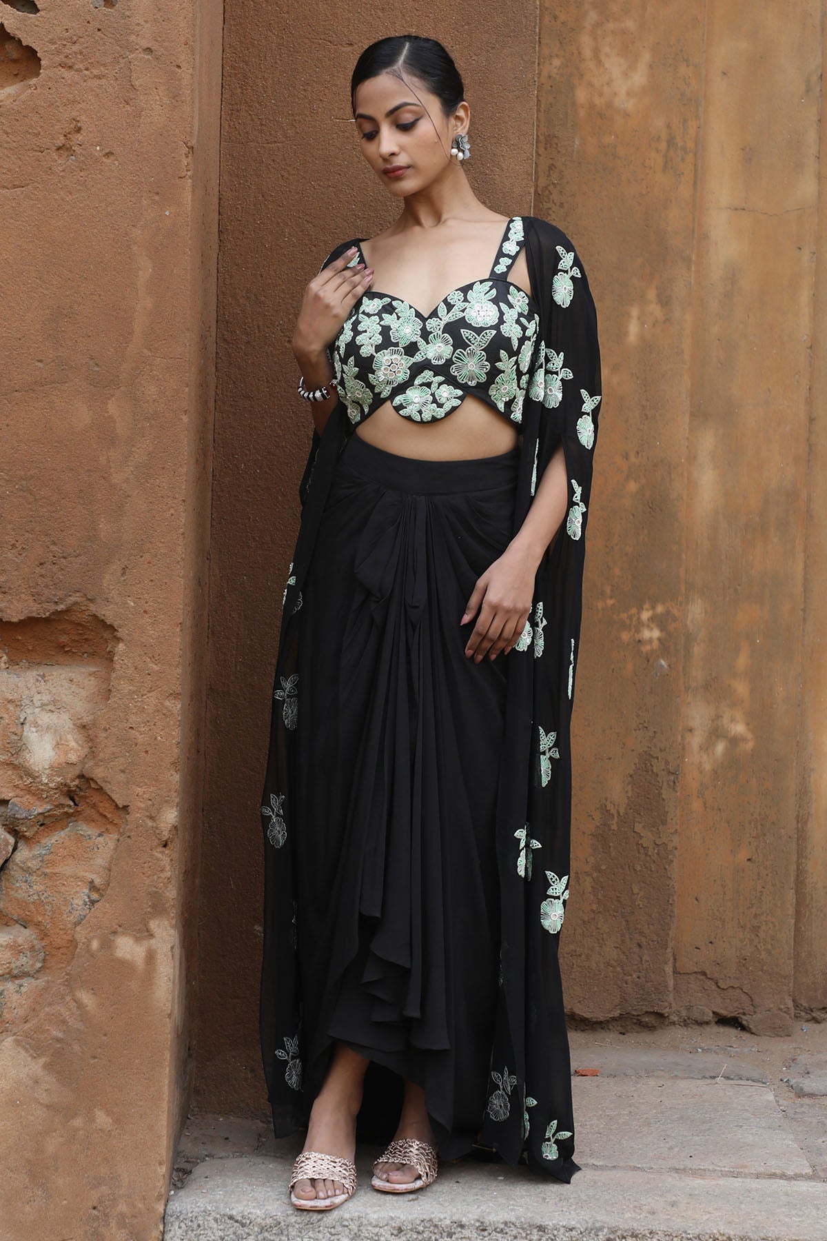 Buy Black Zari Embroidered Cape Set by Nitisha Kashyap for women online at ScrollnShops