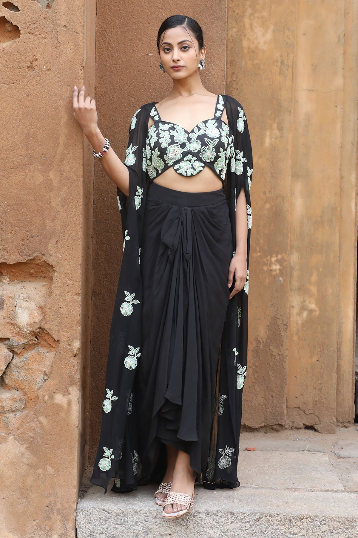 Black Zari Embroidered Cape Set