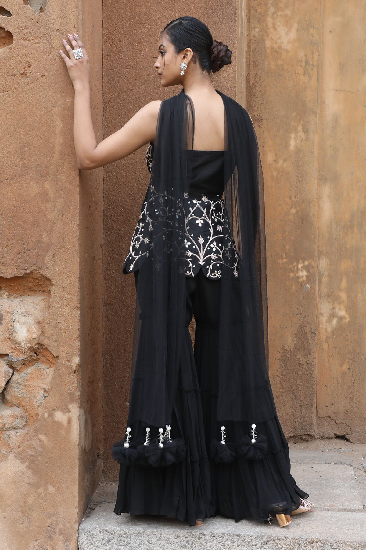 Black Zari Layered Gharara Set