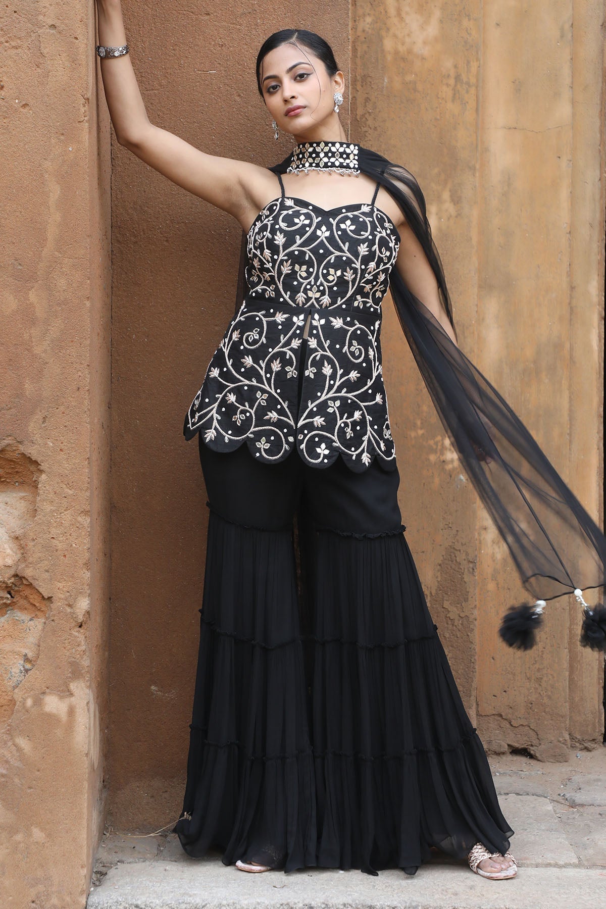 Buy Black Zari Layered Gharara Set by Nitisha Kashyap for women online at ScrollnShops