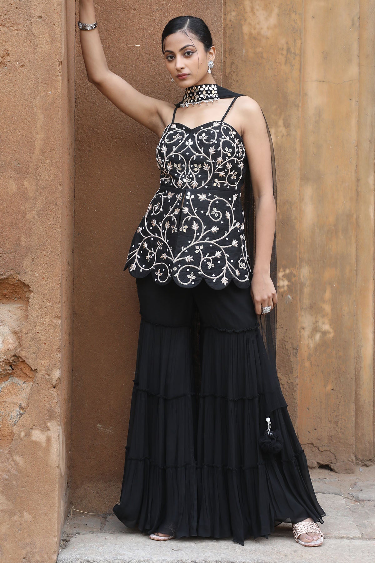 Black Zari Layered Gharara Set