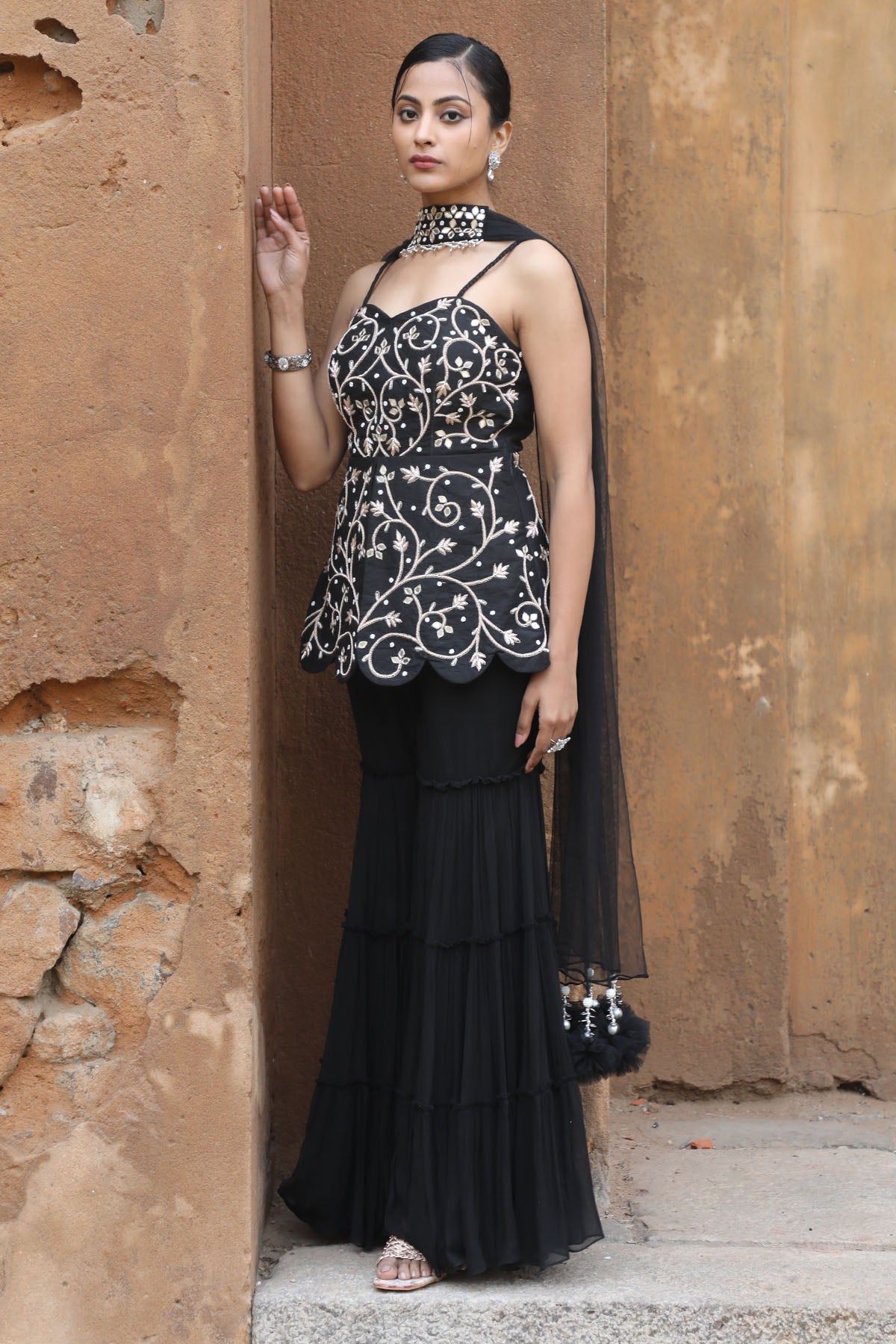 Black Zari Layered Gharara Set