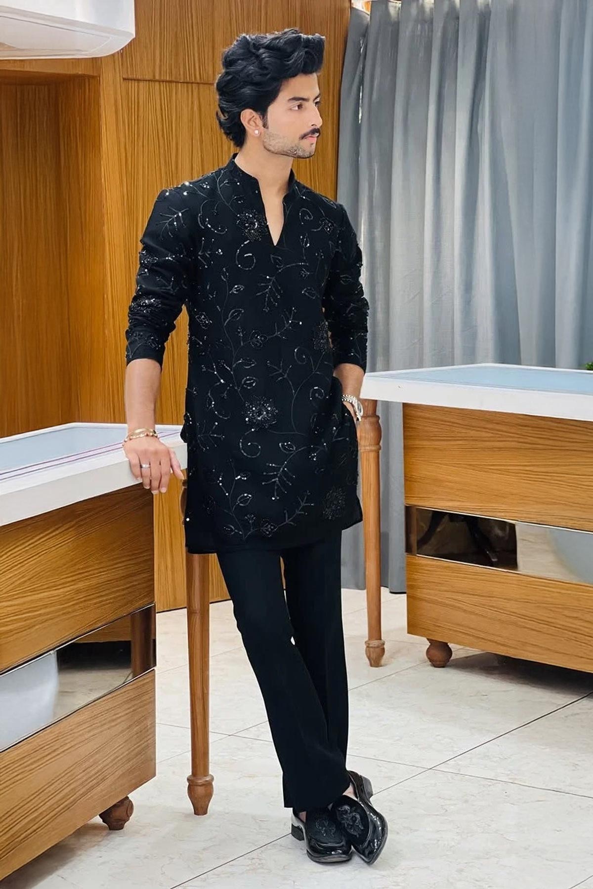 Buy Black Zorzet Embroidered Kurta for men by Aastha Fashion online available at scrollnshops