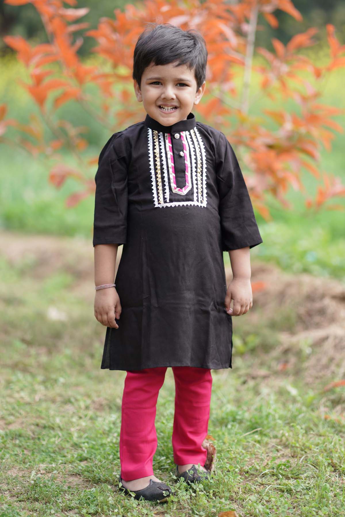 Designer ViYa Black & Pink Cotton Kurta Set For Kids Available online at ScrollnShops
