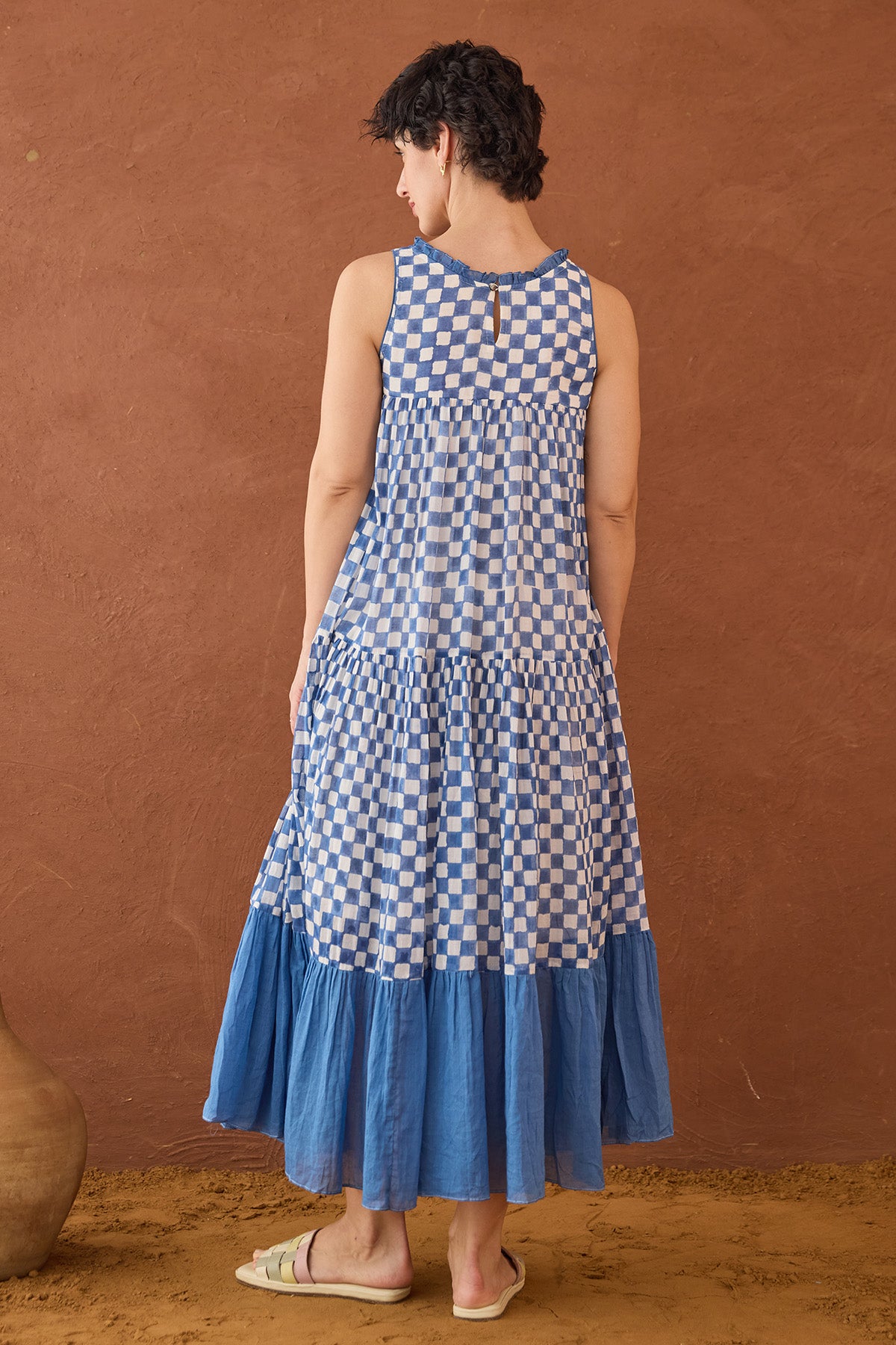 Block Printed Checks Blue Dress