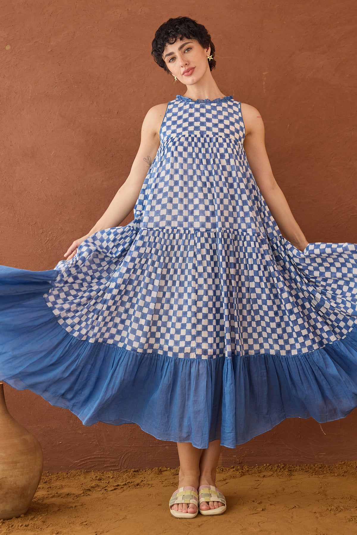 Block Printed Checks Blue Dress